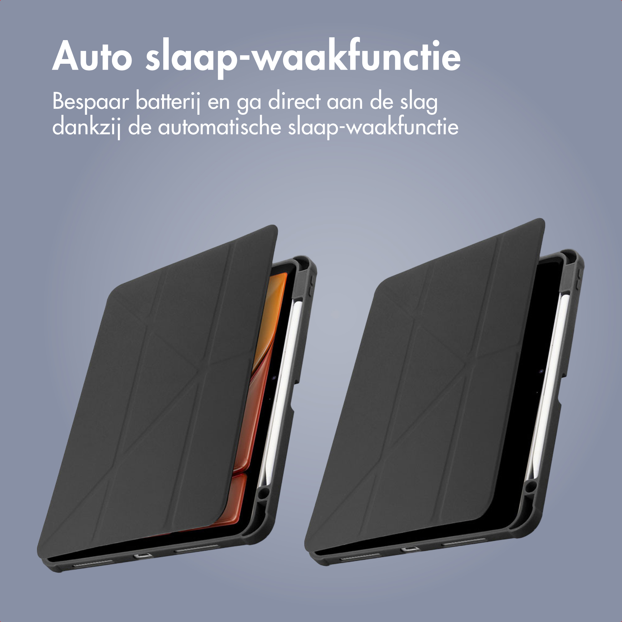 Twee zwarte tablethoesjes met een opvouwbare hoes in origami-stijl.