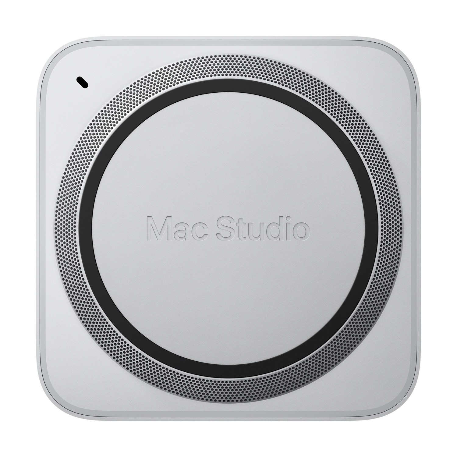 Un computer Mac Studio argento con anello ventola perforato e testo 'Mac Studio'.