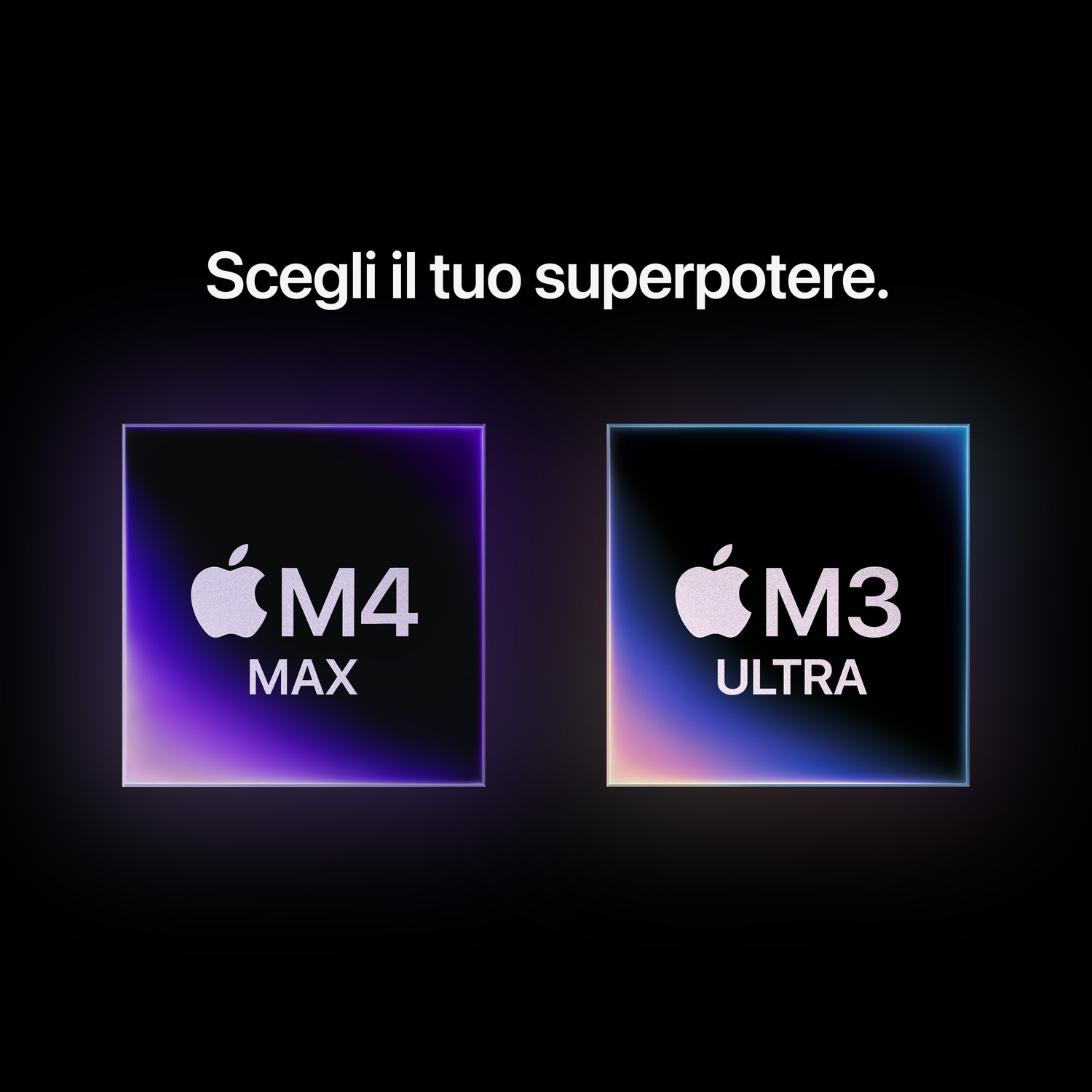 Due chip Apple, M4 MAX e M3 ULTRA, su sfondo nero.