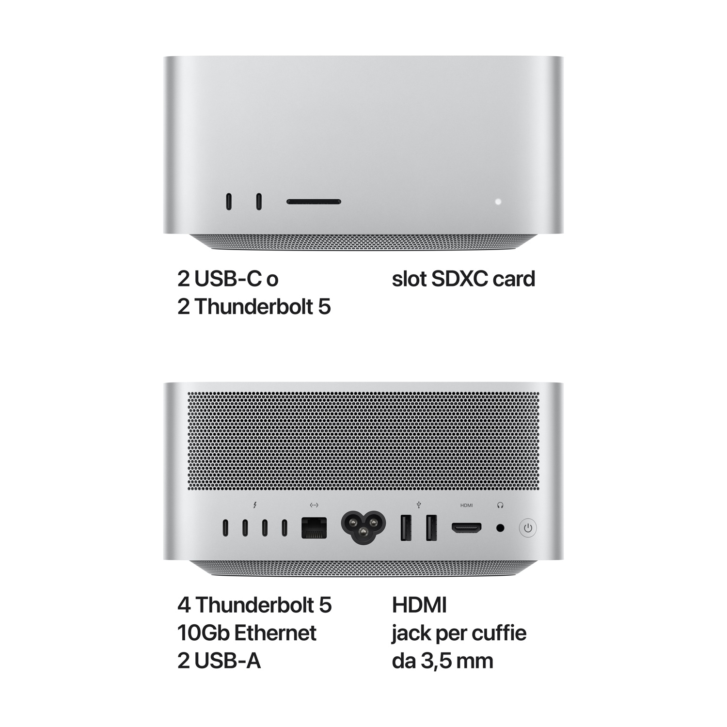 Computer argento: fronte con 2x USB-C, 2x Thunderbolt 5, slot scheda SDXC.