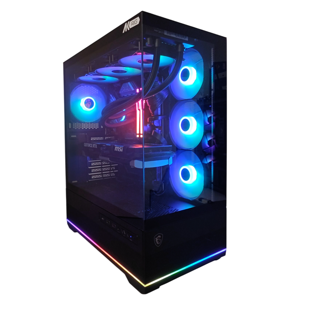 Un PC da gaming illuminato con ventole RGB e scheda grafica MSI.