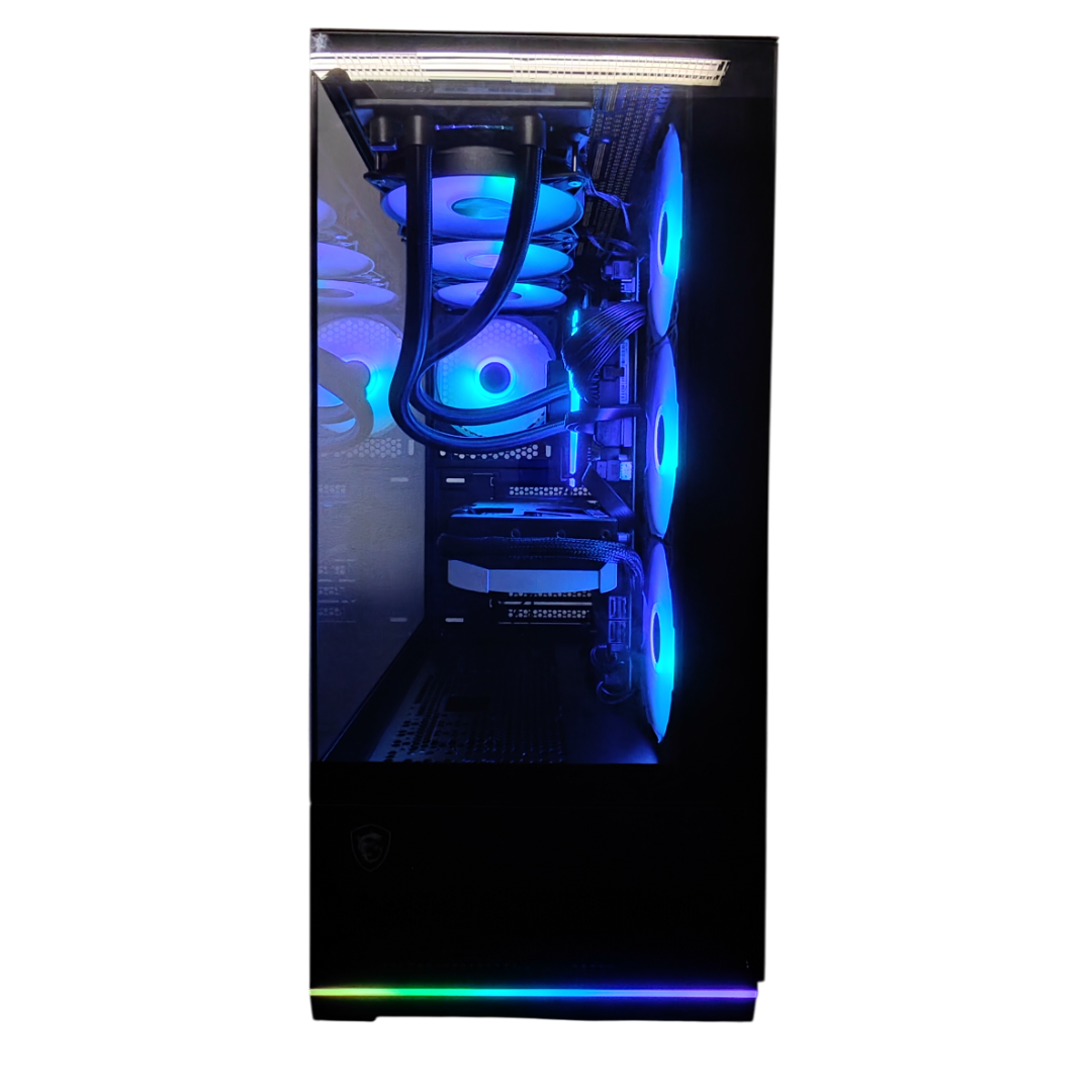 Un case per PC con illuminazione RGB blu e viola, ventole e cavi.