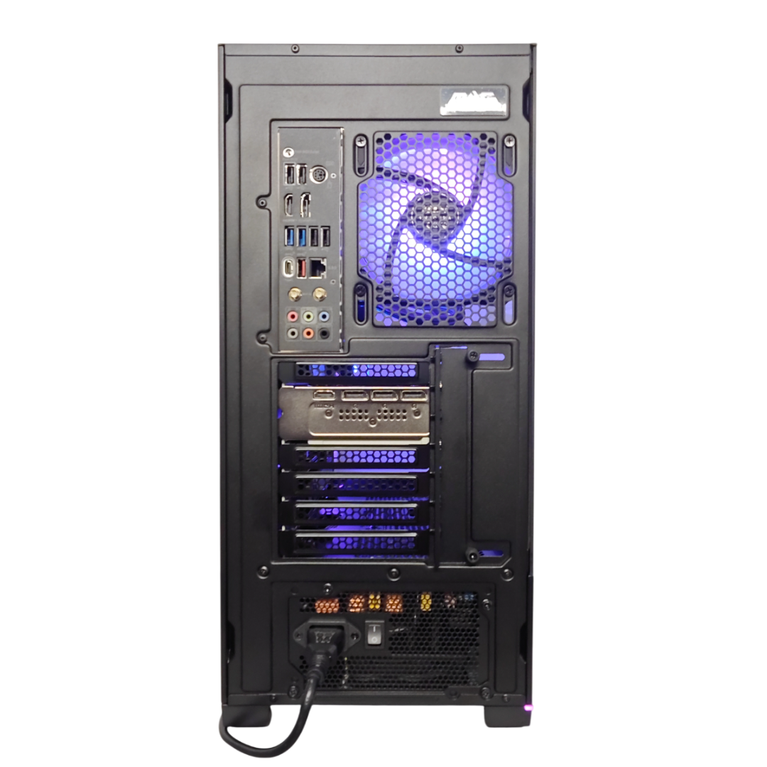 Retro di un case PC nero con ventola illuminata di blu e porte.