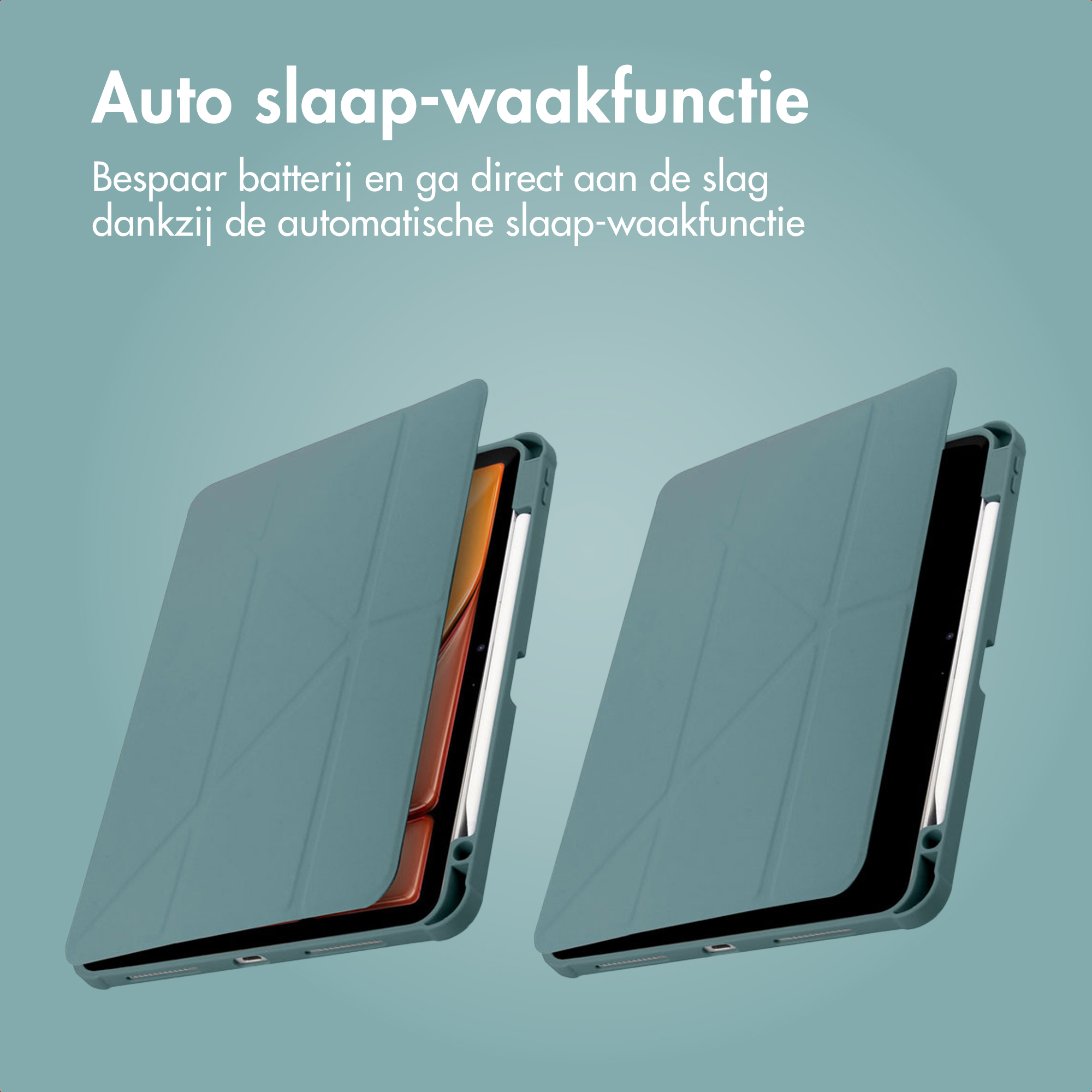Twee teal tablethoesjes met opvouwbare deksels op blauwe achtergrond.