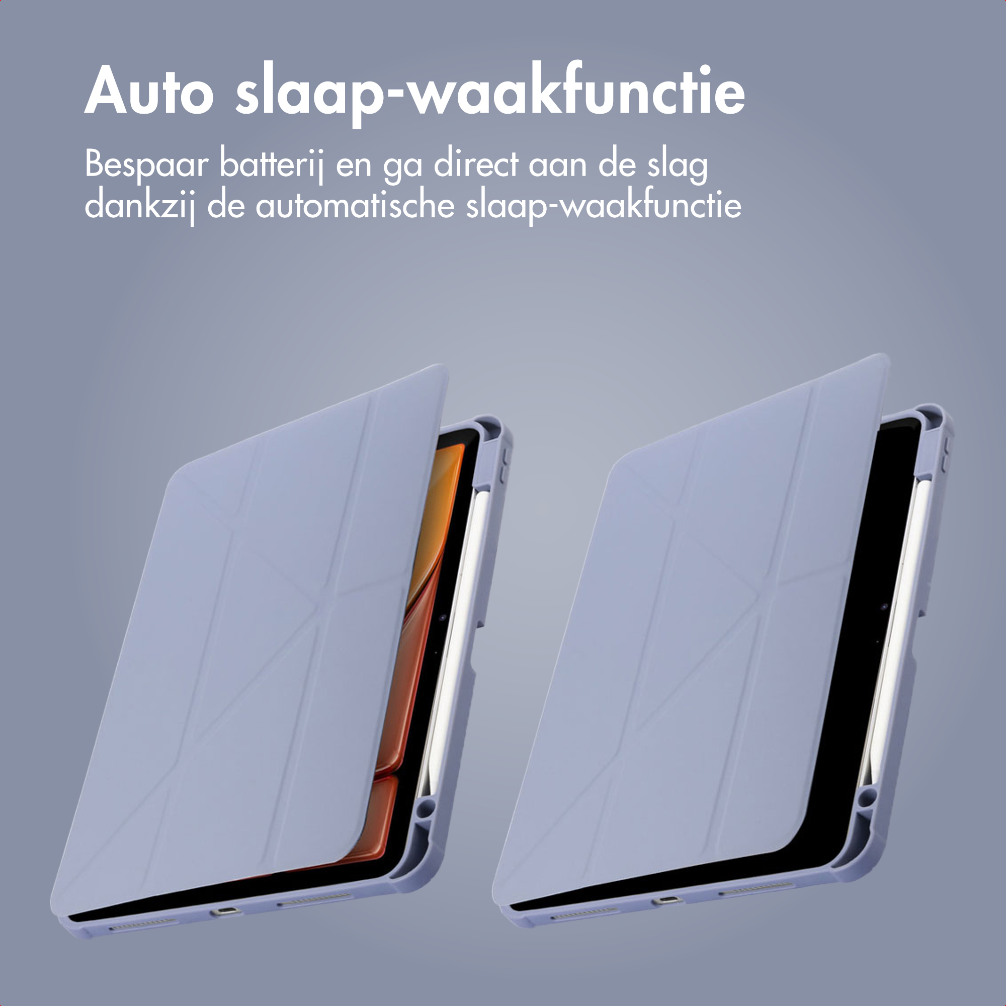 Twee tablets met open lichtpaarse hoezen en pennen.