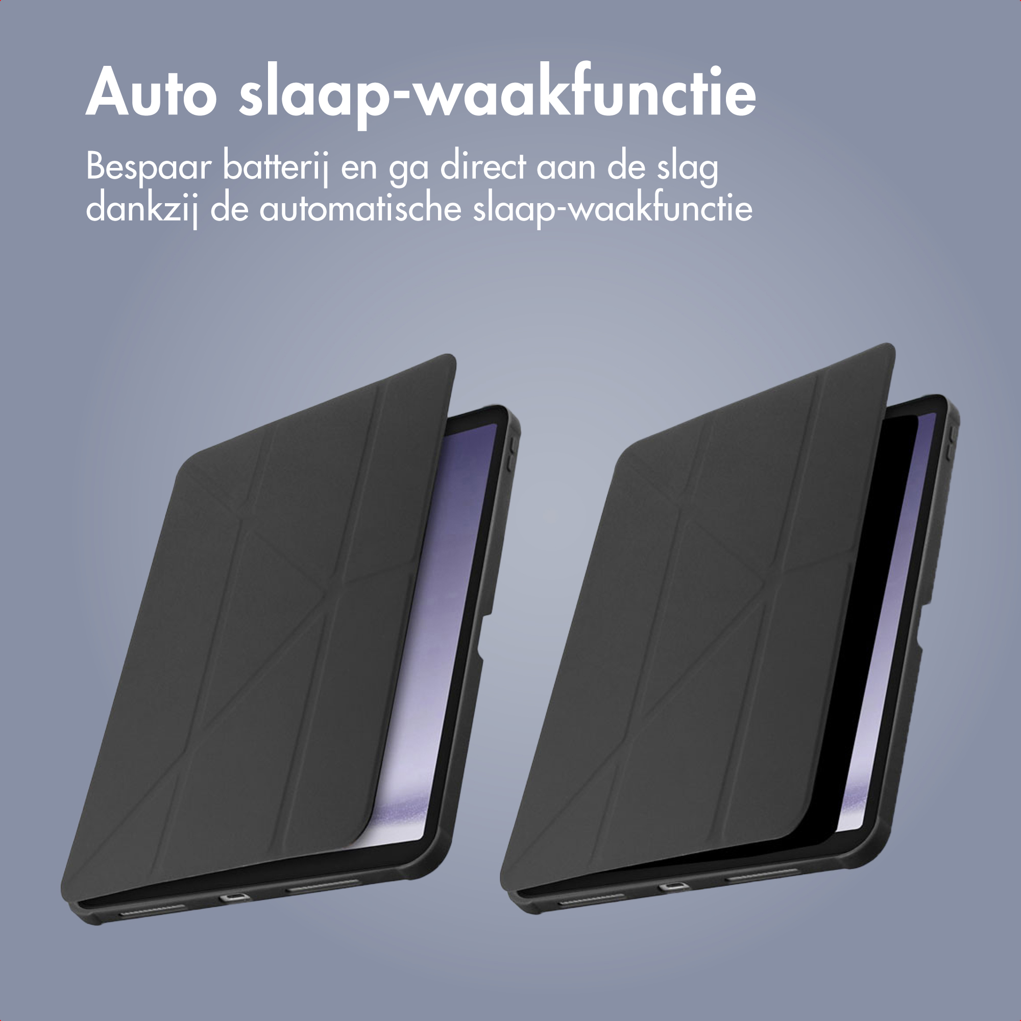 Two black tablet cases with open front covers on a grey background.