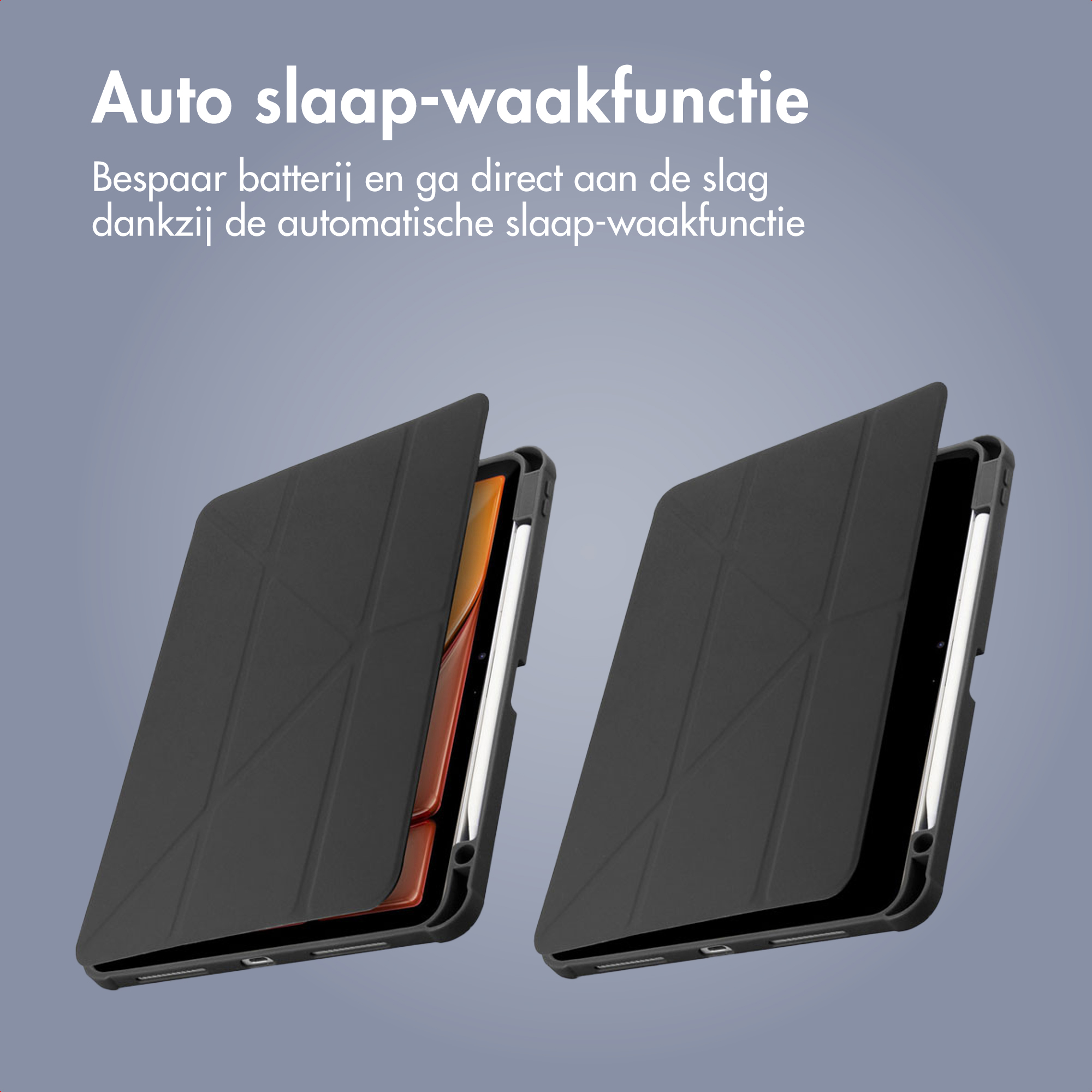 Twee zwarte tablet-hoezen met geometrisch patroon, één open.