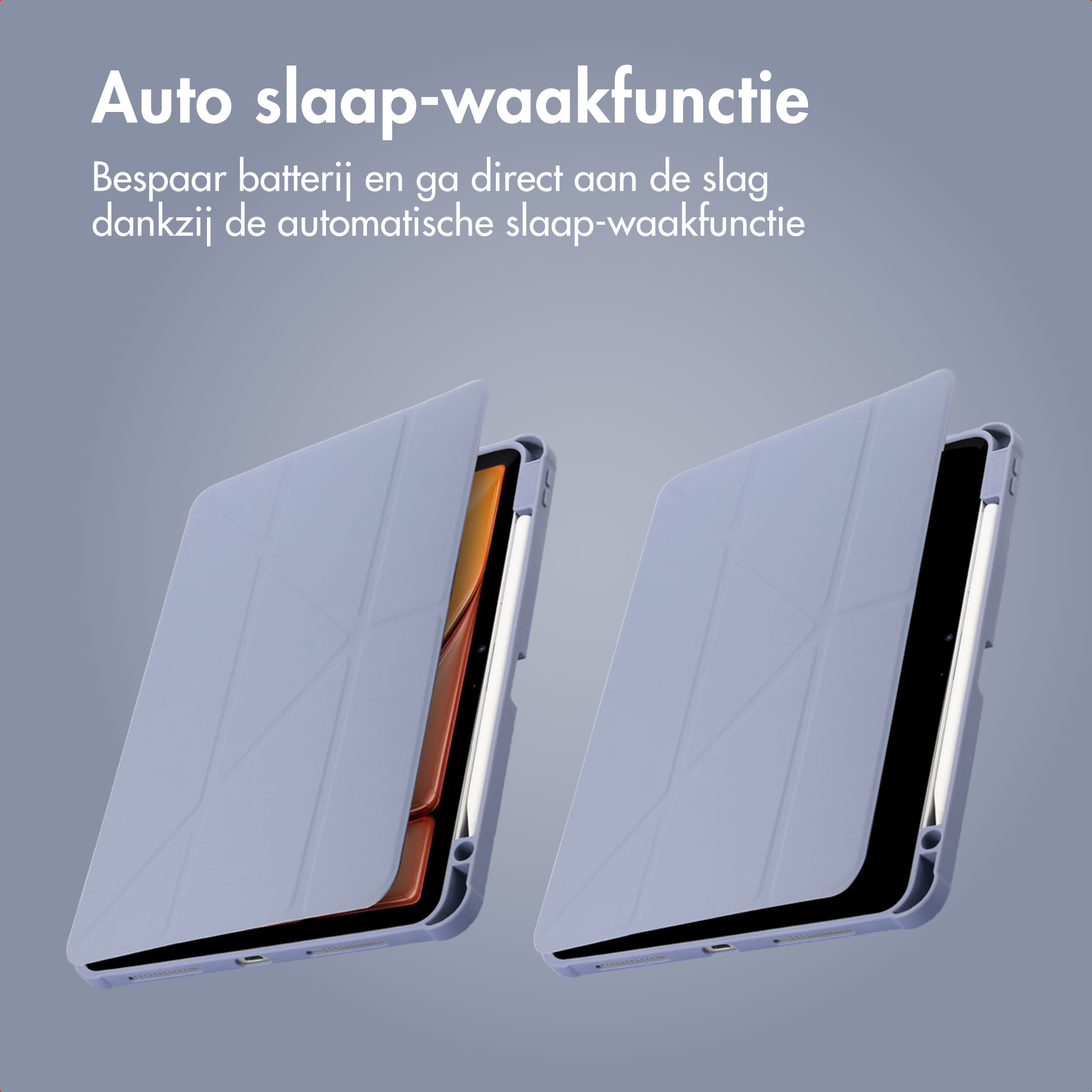 Deux étuis violets pour tablette avec porte-stylet sur fond gris.
