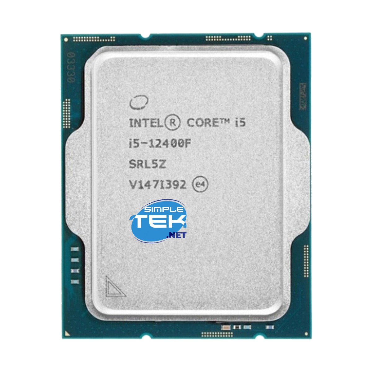 Procesor Intel Core i5-12400F z oznaczeniami na srebrnej metalowej obudowie.