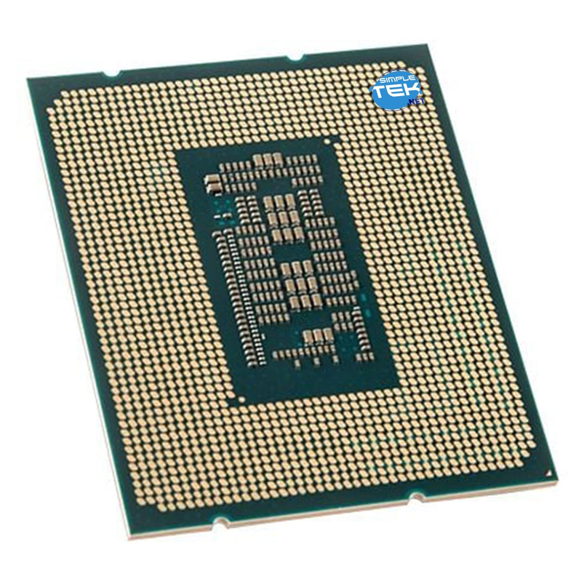 Procesor komputerowy z wieloma złotymi pinami na spodzie.