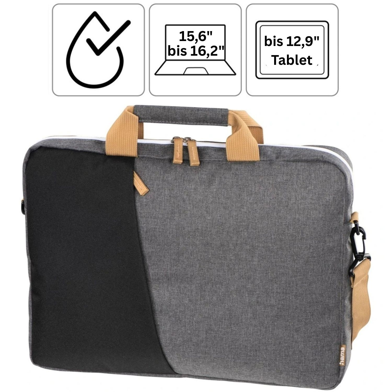 Borsa grigia per laptop con pannello nero e manici.
