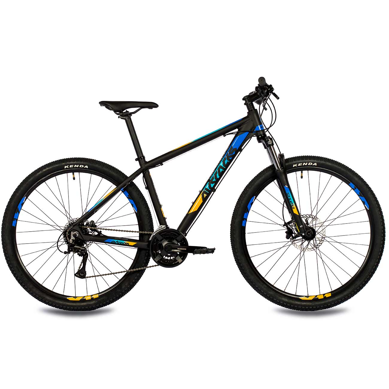 Ein schwarzes Mountainbike mit blauen und gelben Akzenten, Kenda-Reifen.