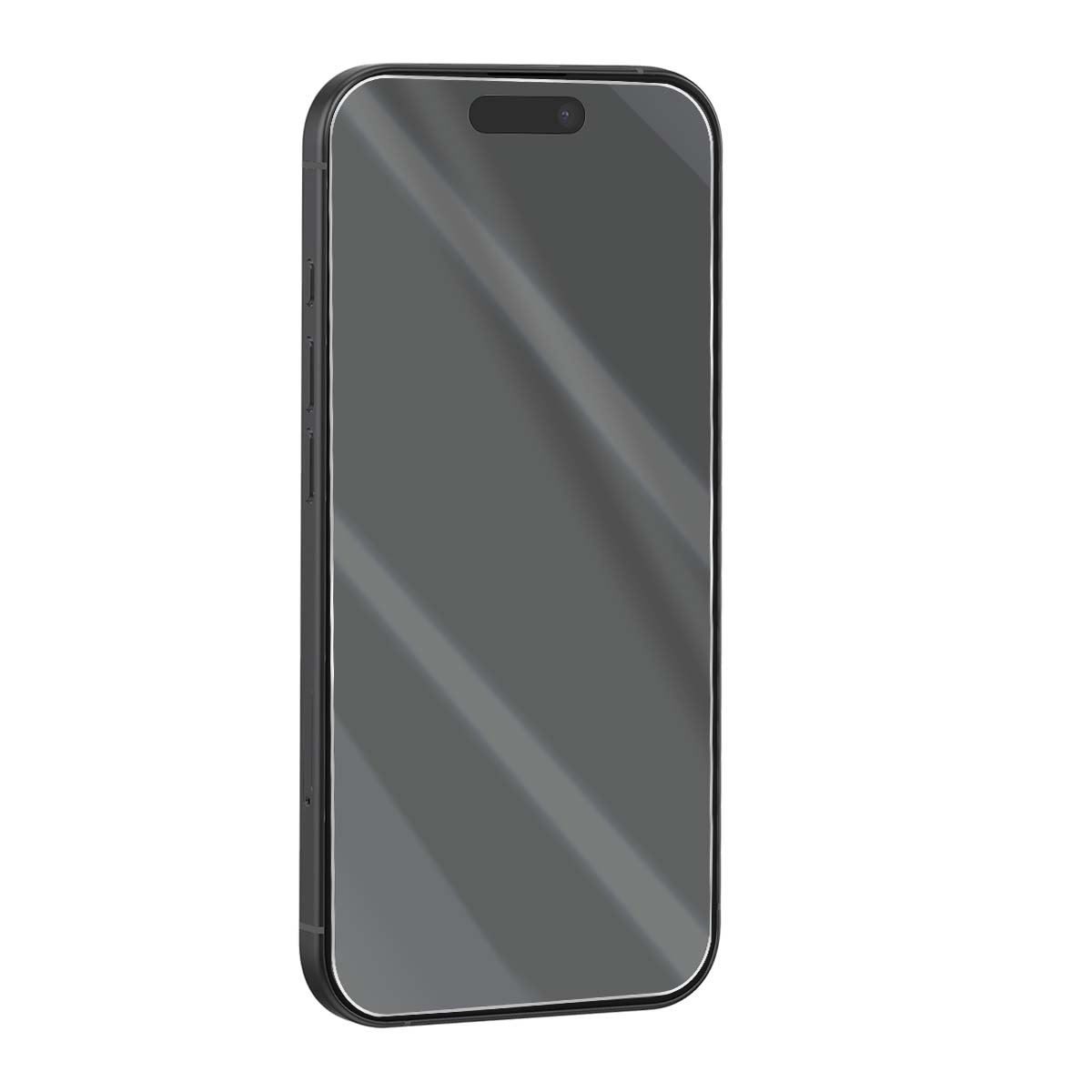 Uno smartphone scuro con ritaglio fotocamera frontale su sfondo bianco.