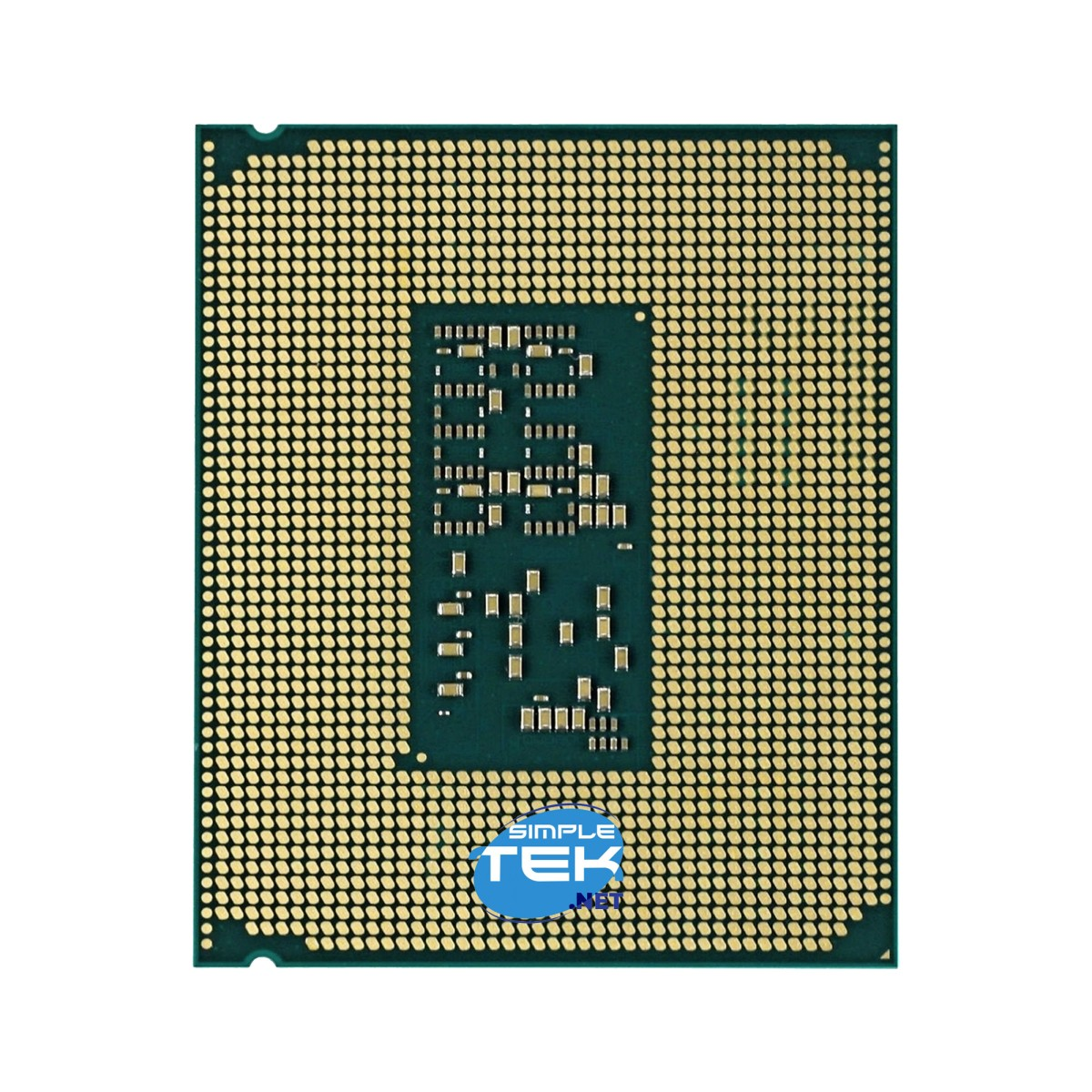 Procesor komputerowy (CPU) z siatką złotych pinów na zielonej płytce drukowanej, z niebieskim logo 'SIMPLE TEK'.