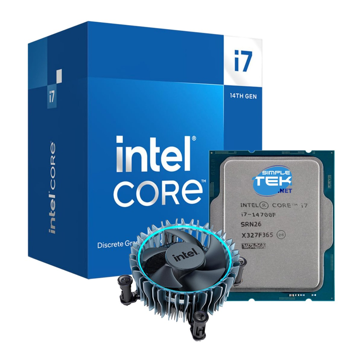 Procesor Intel Core i7 i pudełko z wentylatorem. Niebieskie pudełko, srebrny procesor.