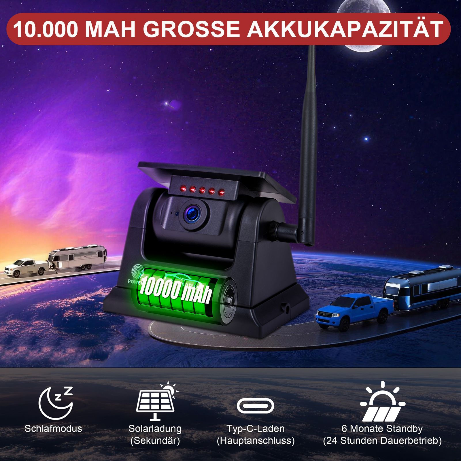 Überwachungskamera mit 10.000 mAh Akku, Solaraufladung, Typ-C-Laden & Schlafmodus.