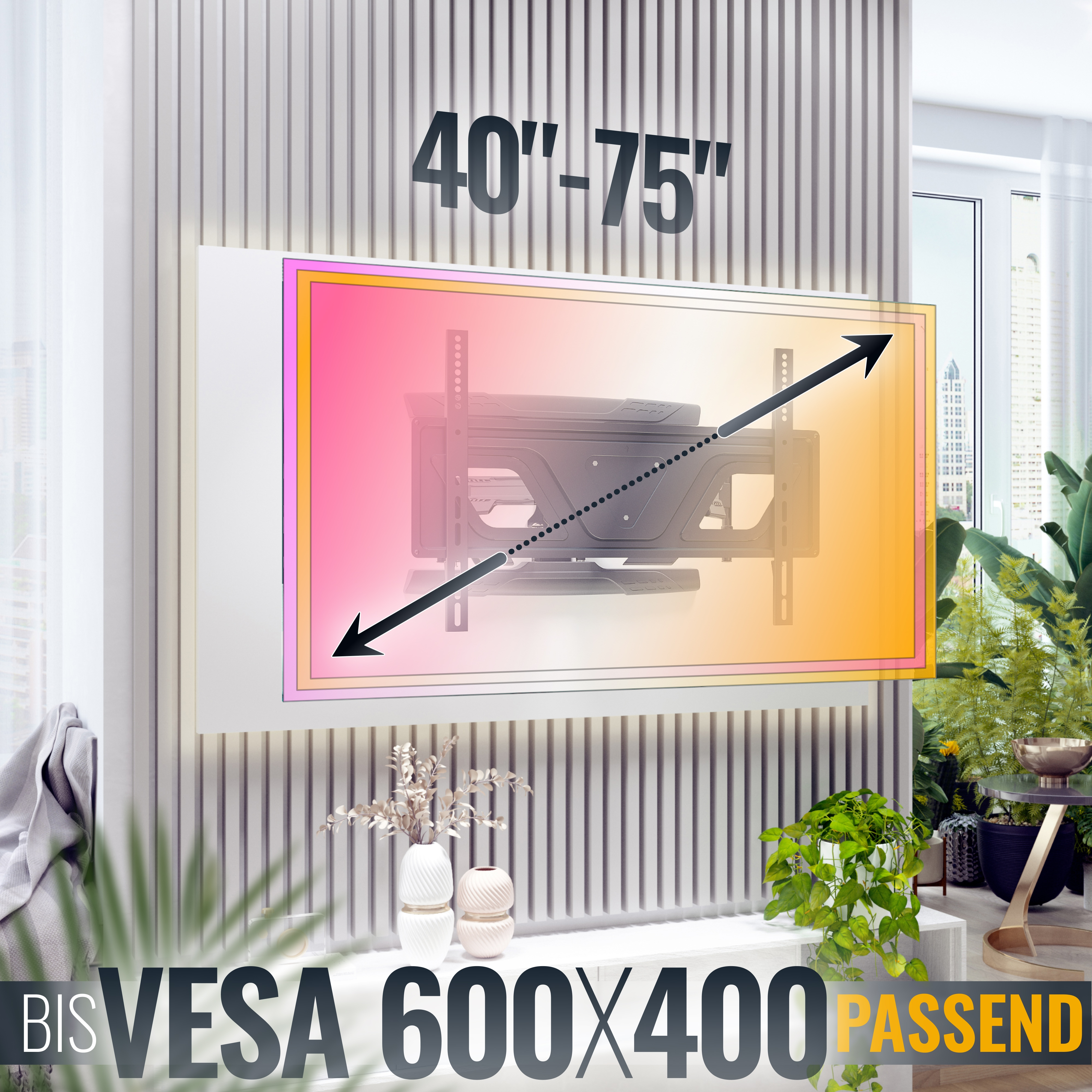 Schwarze TV-Wandhalterung für 40-75 Zoll TVs, VESA 600x400.