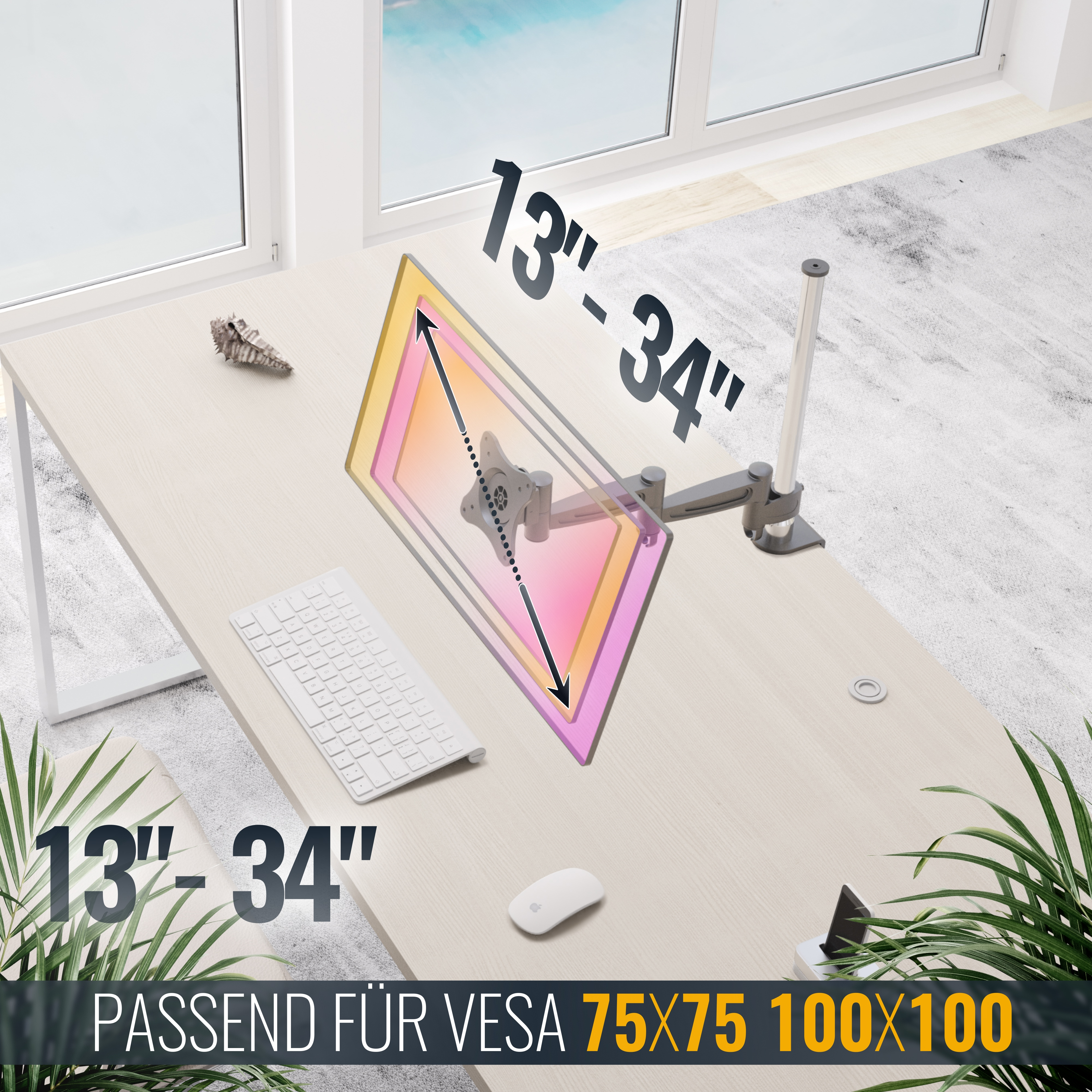 Schreibtisch mit Monitorarm, Tastatur, Maus und Pflanzen.