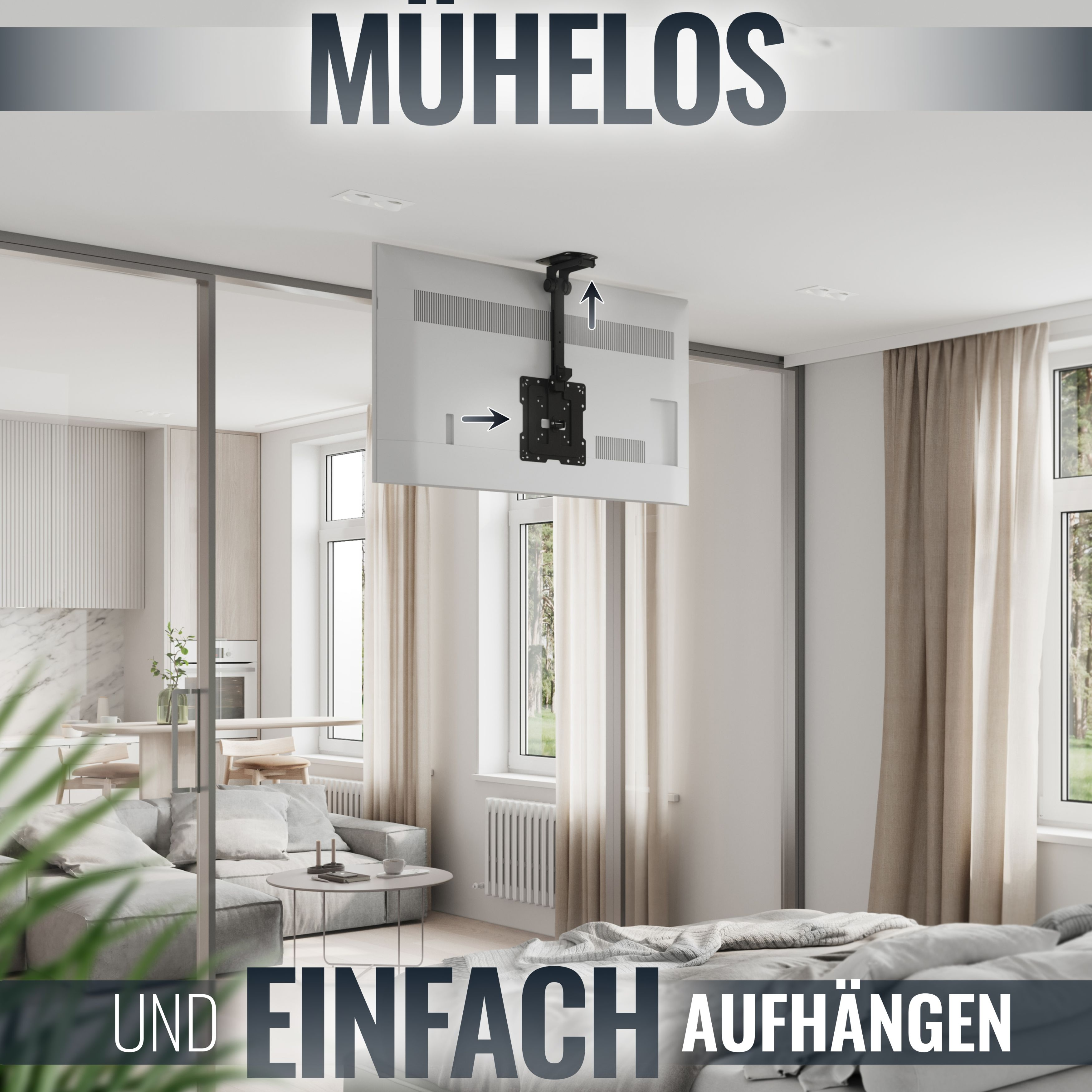 Ein weißer Fernseher hängt von der Decke an einer Halterung über einem Bett.