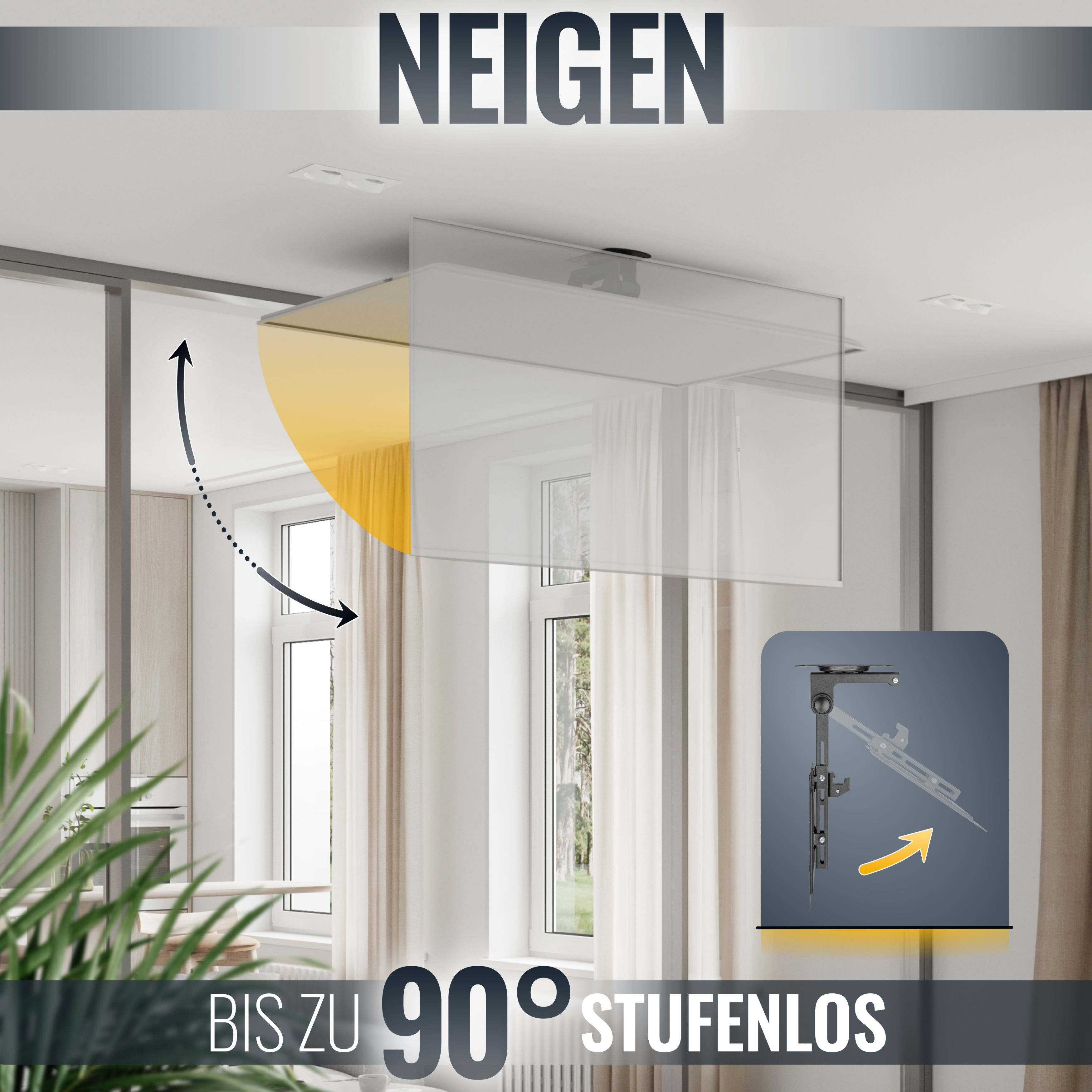 Ein Deckenlift kippt eine Glasplatte um 90 Grad. Detailansicht.