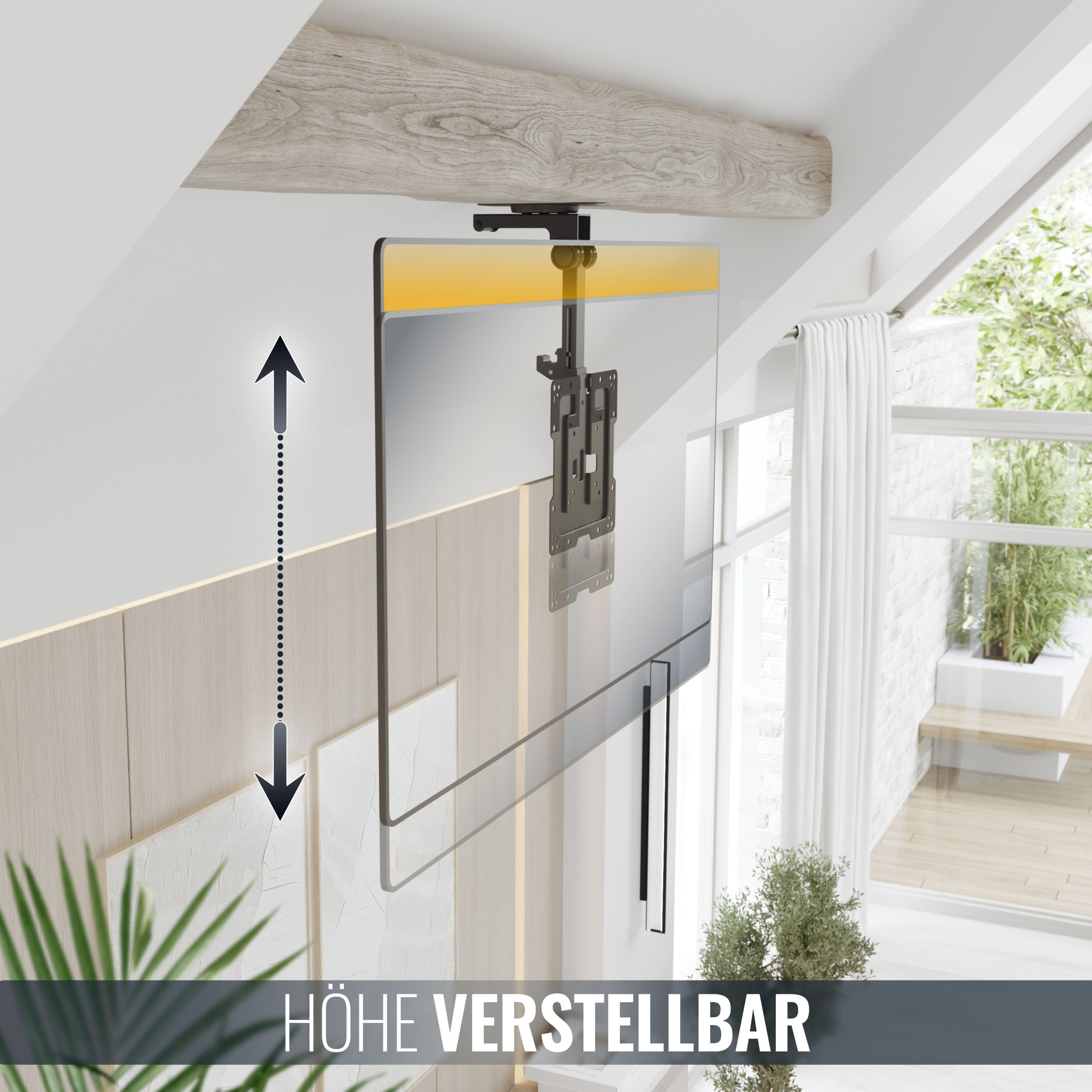 Eine Deckenhalterung für einen Fernseher mit verstellbarer Höhe in einem hellen Raum.