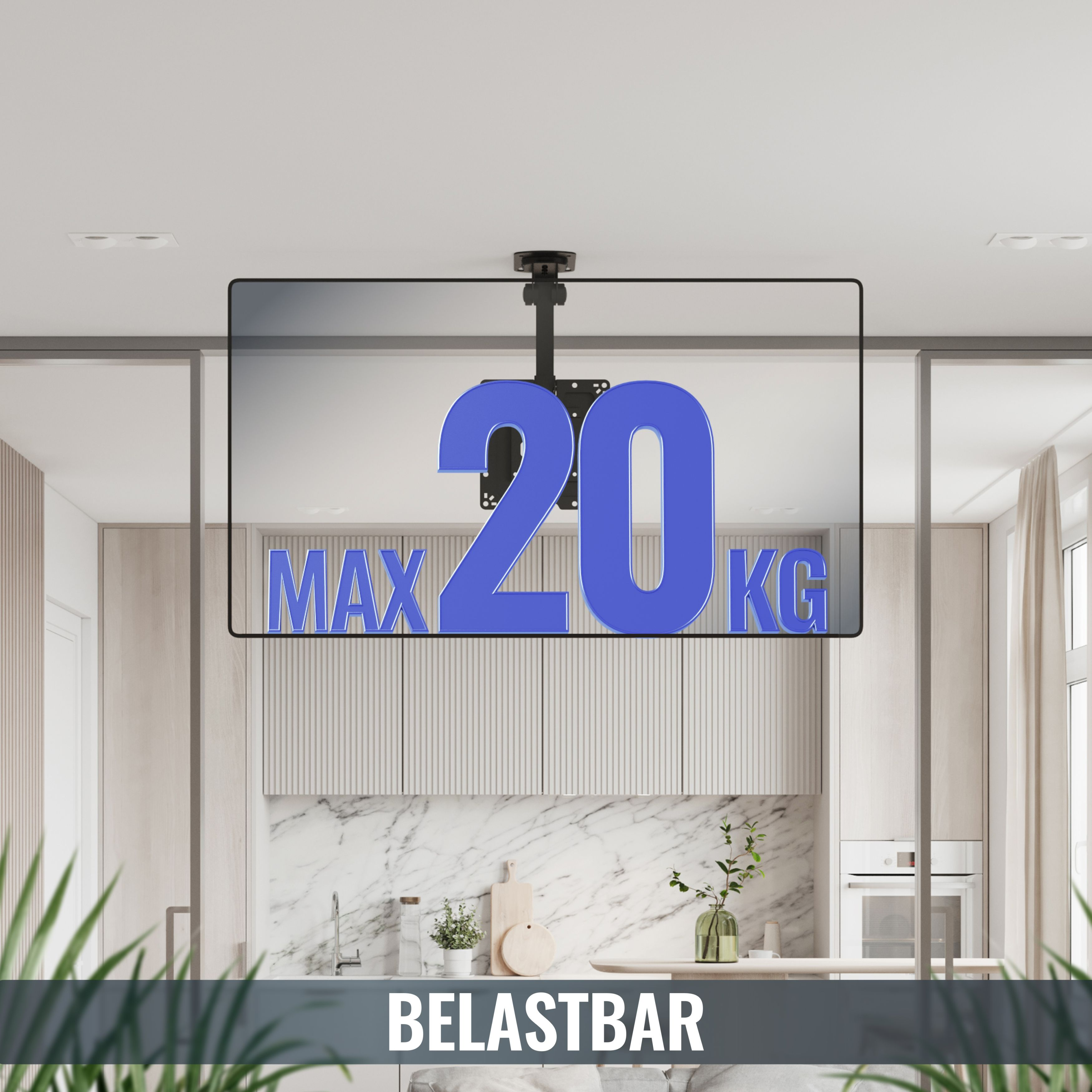 Deckenhalterung mit MAX 20 KG Beschriftung in modernem Kücheninterieur.