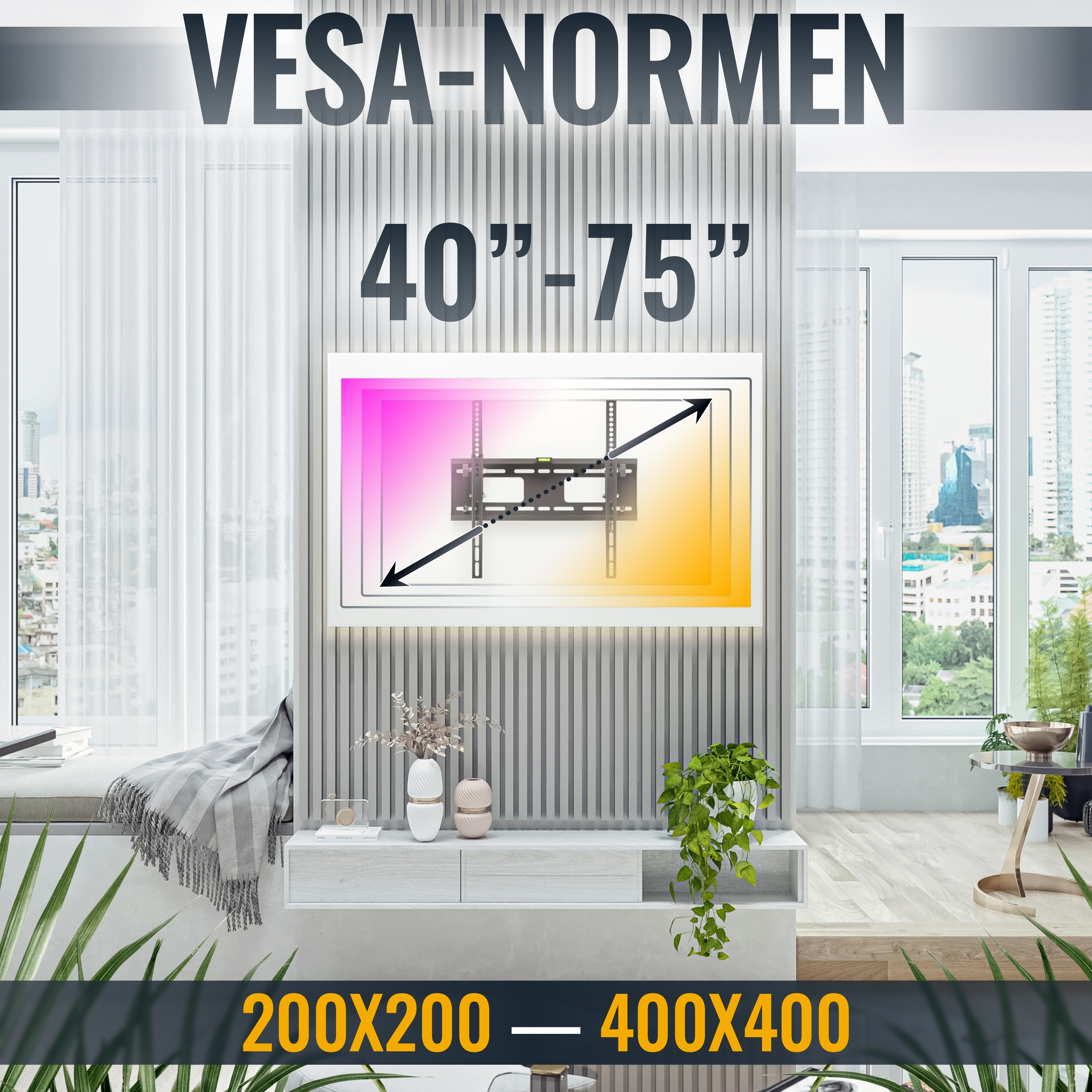 VESA-Normen 40-75 Zoll. TV-Wandhalterung abgebildet. Text: 200x200 - 400x400.