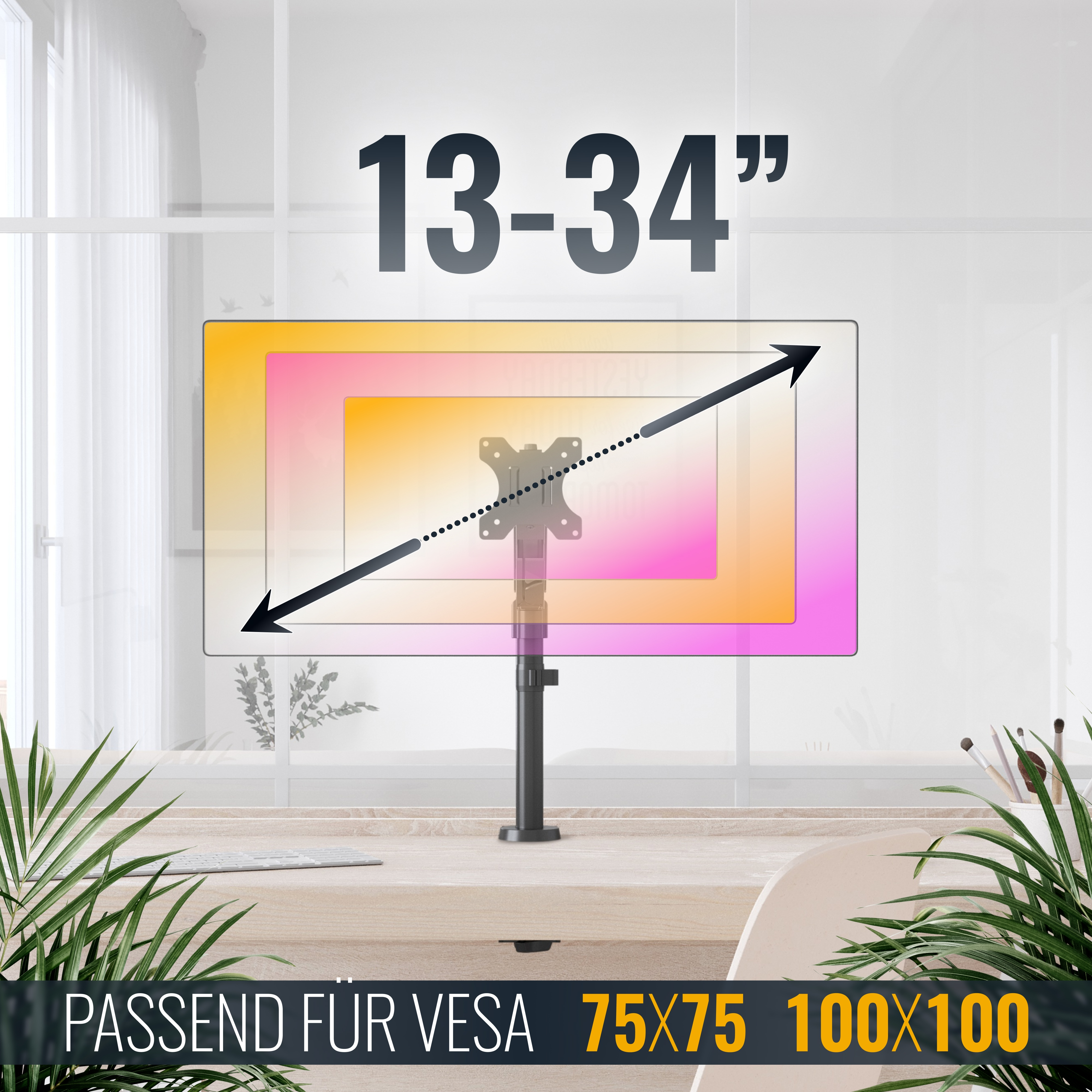 Monitorarm für 13-34 Zoll Bildschirme, VESA 75x75, 100x100.