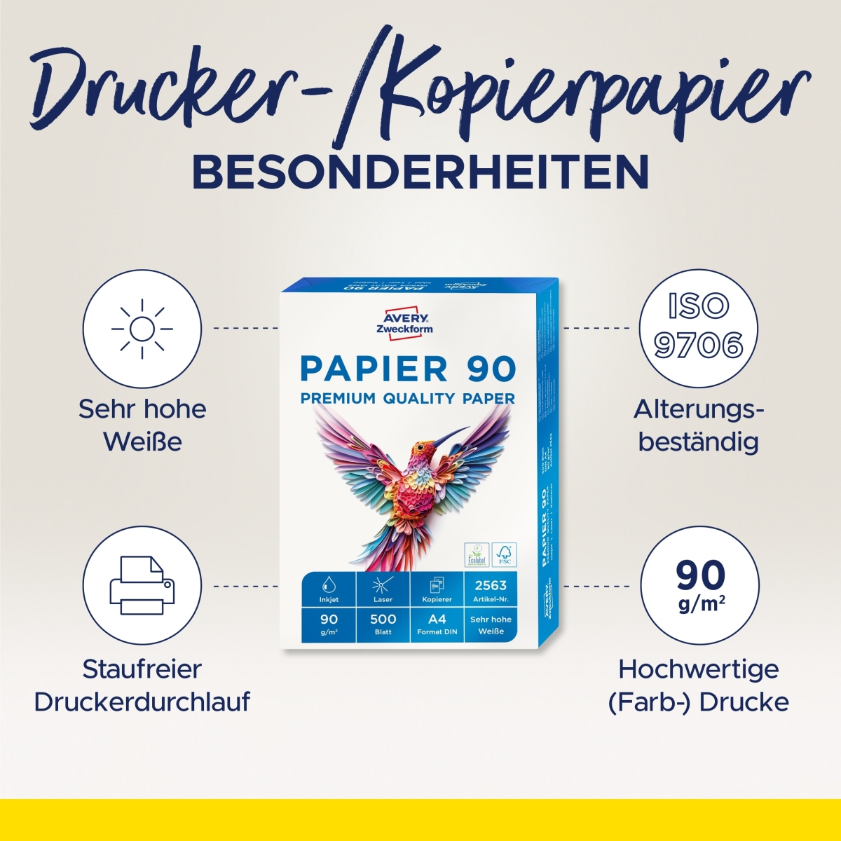 Packung Avery Zweckform Papier 90 mit Kolibri-Motiv, Merkmale: hohe Weiße, alterungsbeständig.