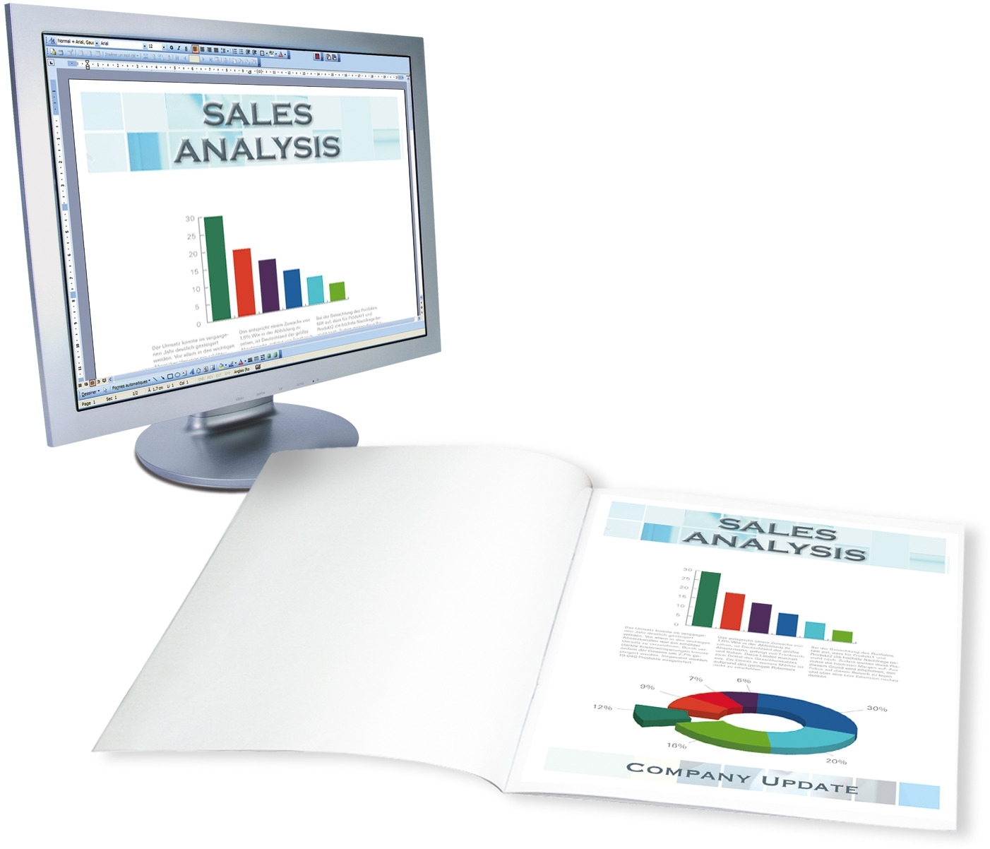 Ein Monitor zeigt eine Umsatzanalyse mit Balkendiagramm. Daneben liegt eine geöffnete Mappe mit Grafiken.