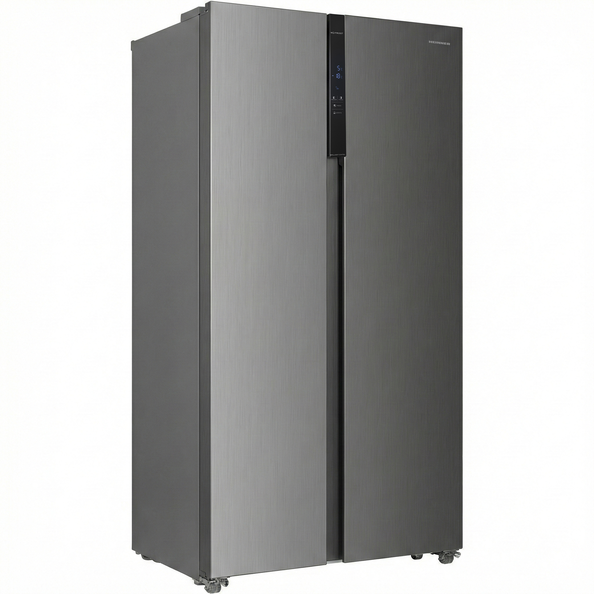 A gray double-door refrigerator with a digital control panel.