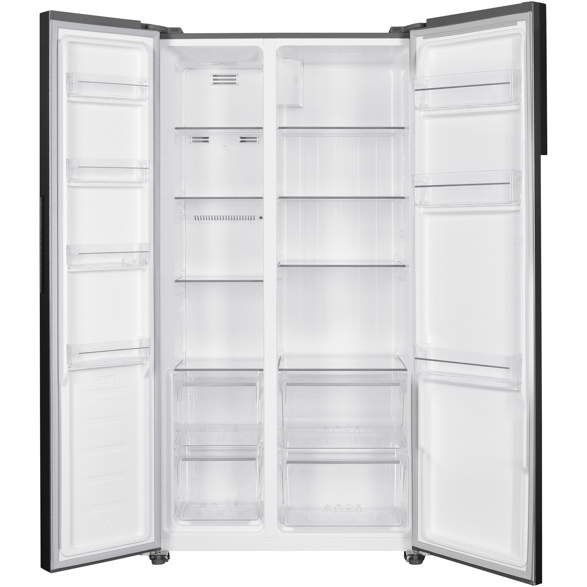 An empty refrigerator with two doors open outwards, showing shelves.