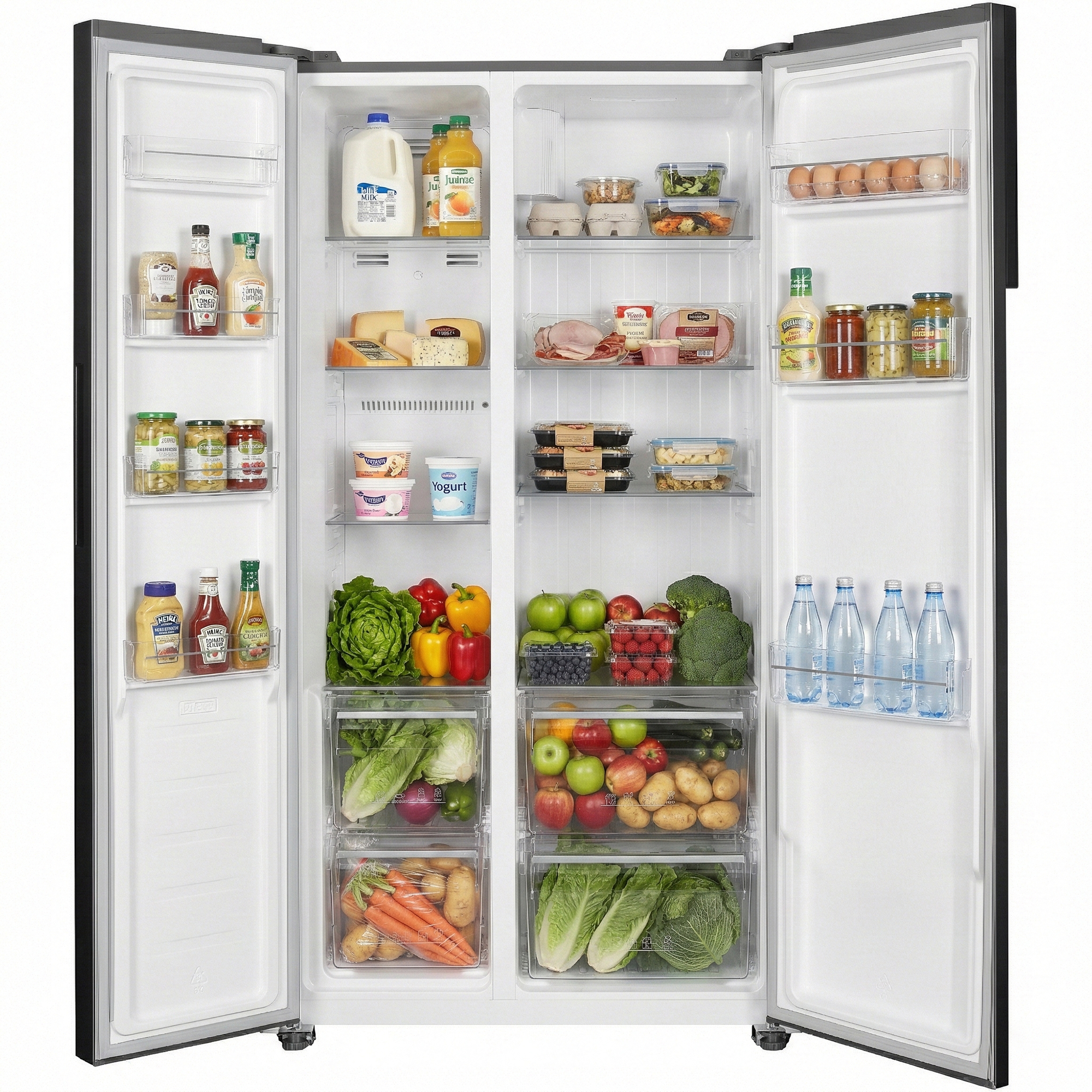 An open refrigerator stocked with food items on both sides.