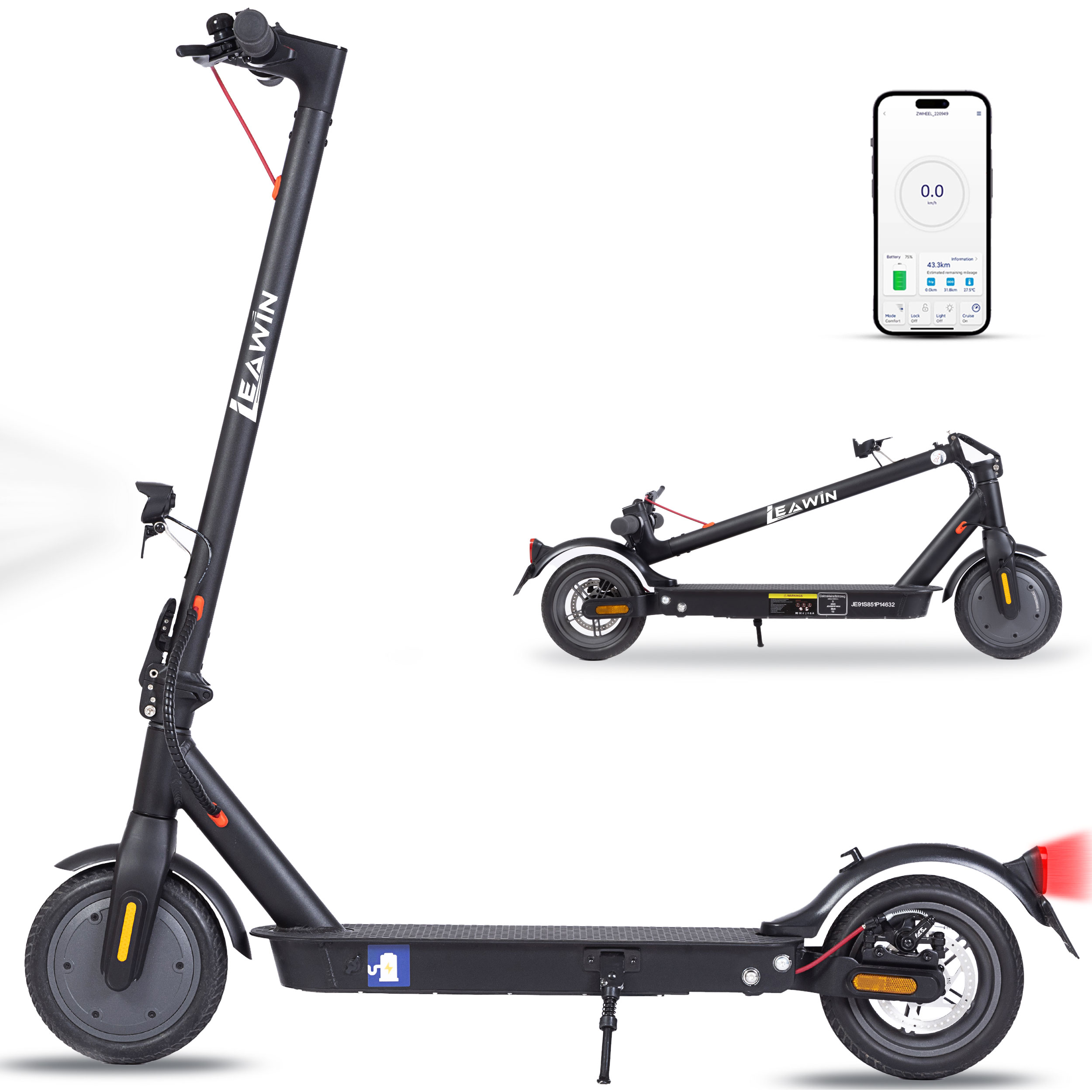Schwarzer Elektroroller mit klappbarem Lenker und App-Anzeige.