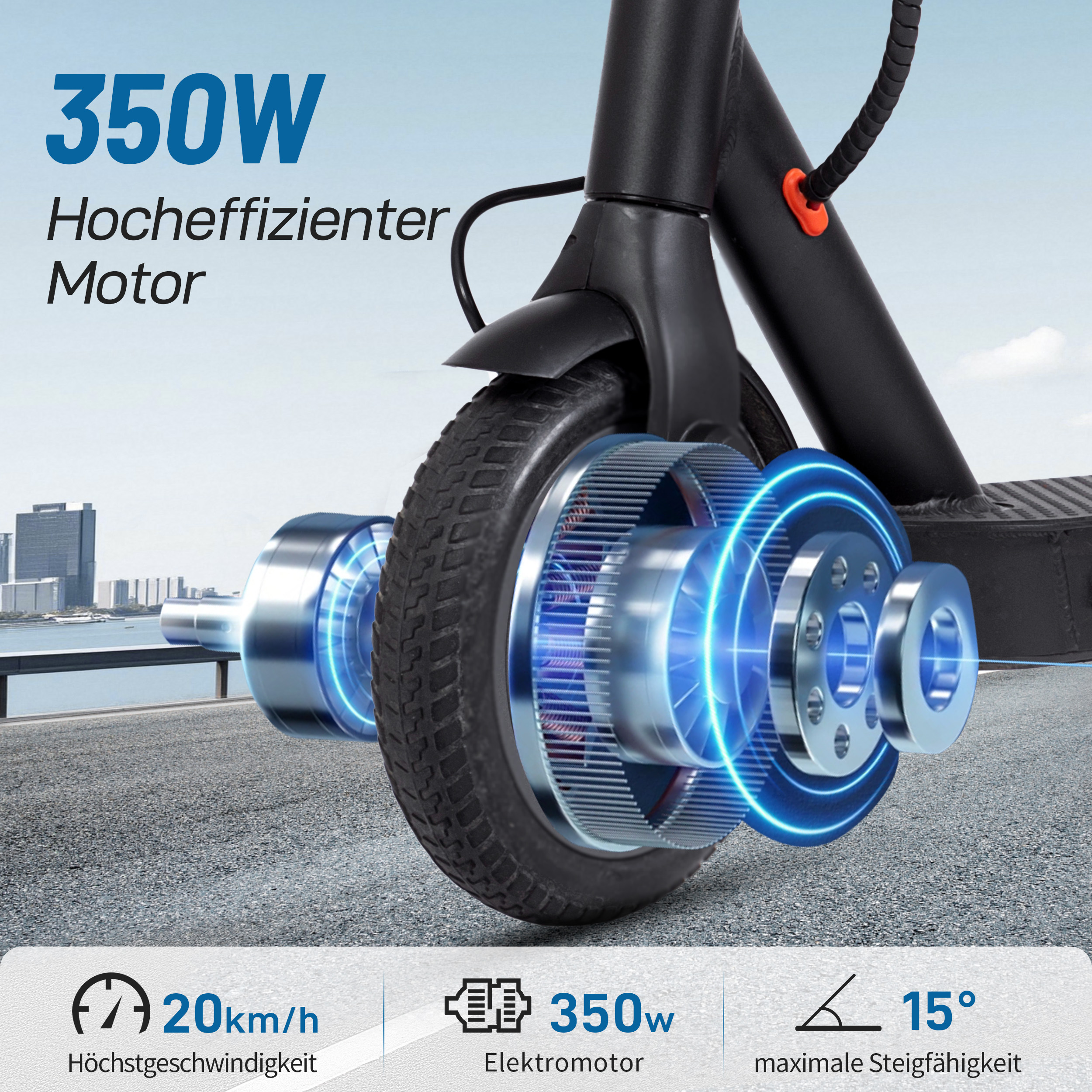 Nahaufnahme eines Elektroscooters mit 350-W-Motor, der auf einer Straße fährt.