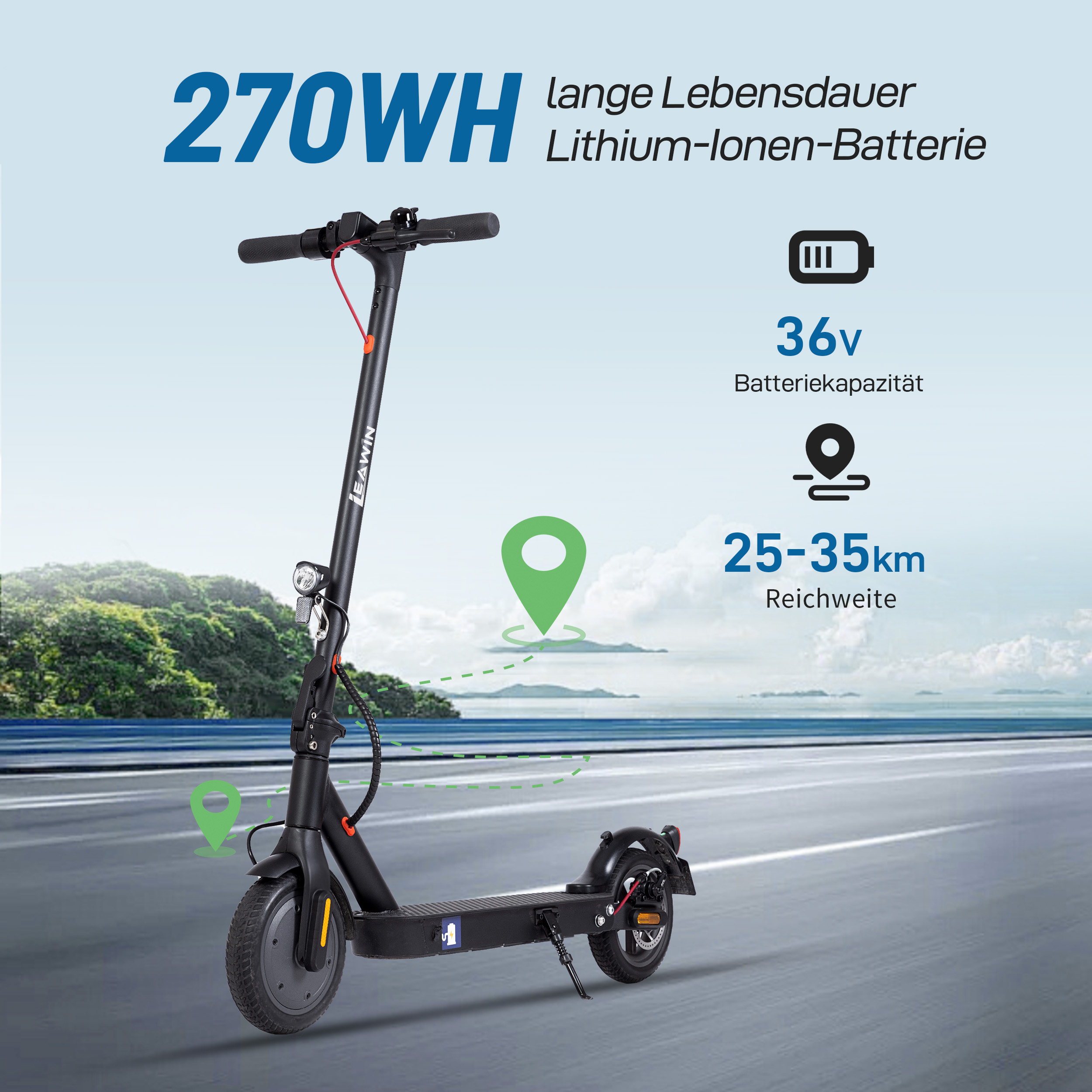 Ein schwarzer Elektroroller steht auf einer Straße mit bergen im Hintergrund.