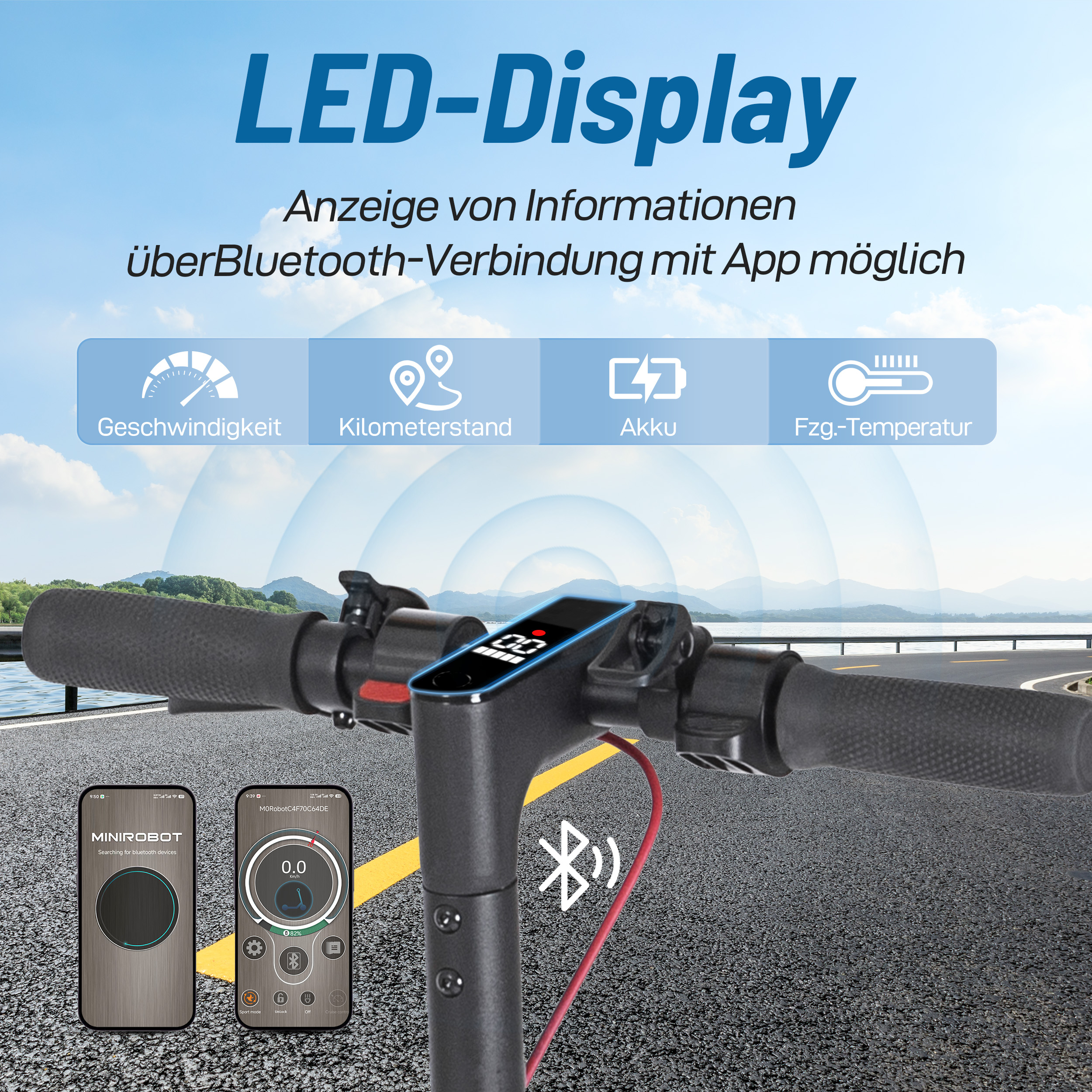 Elektro-Scooter mit LED-Display zeigt Geschwindigkeit, Akku und Temperatur an.