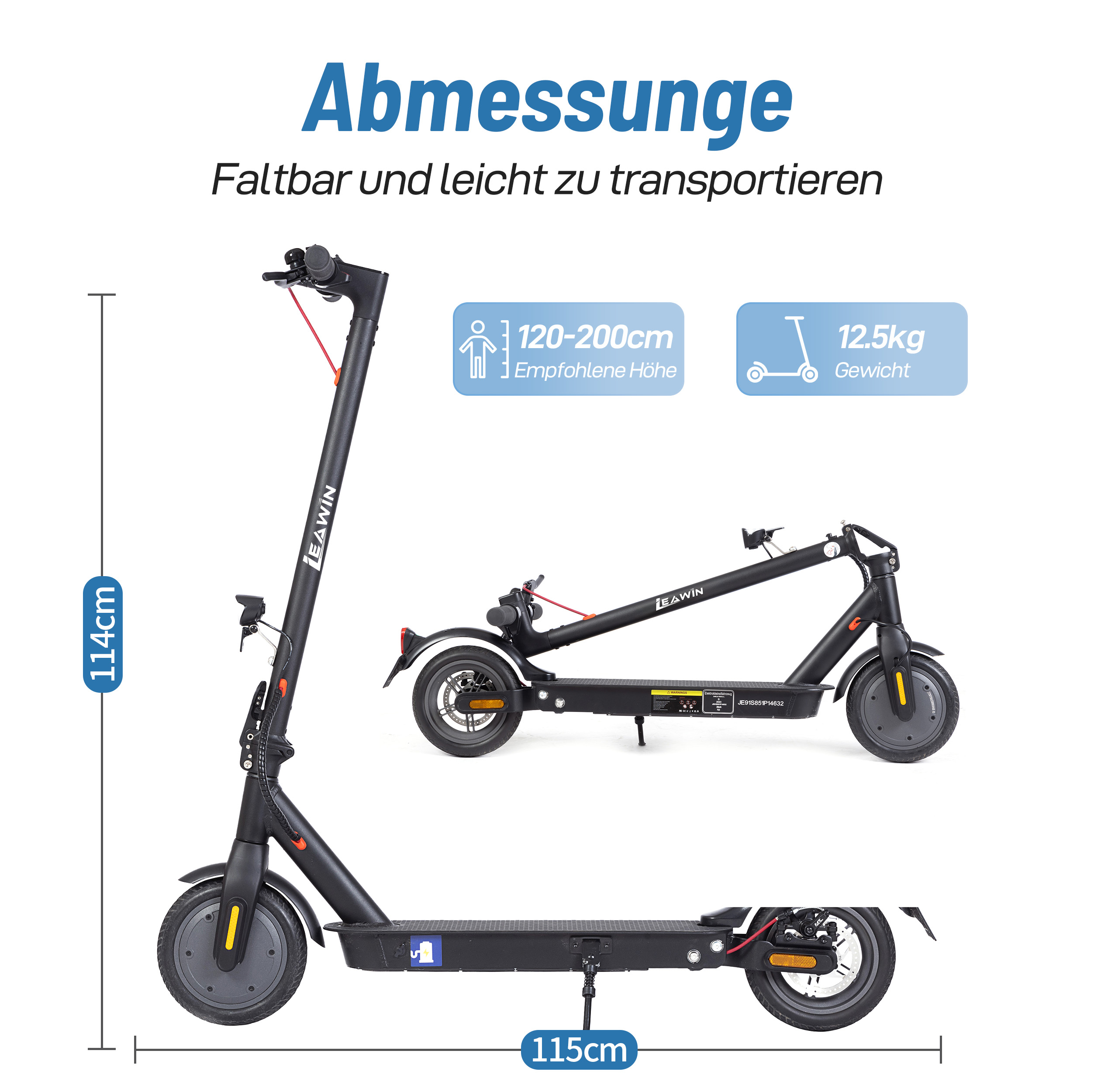 Ein schwarzer Elektroroller in drei Ansichten: aufrecht, gefaltet und von der Seite.