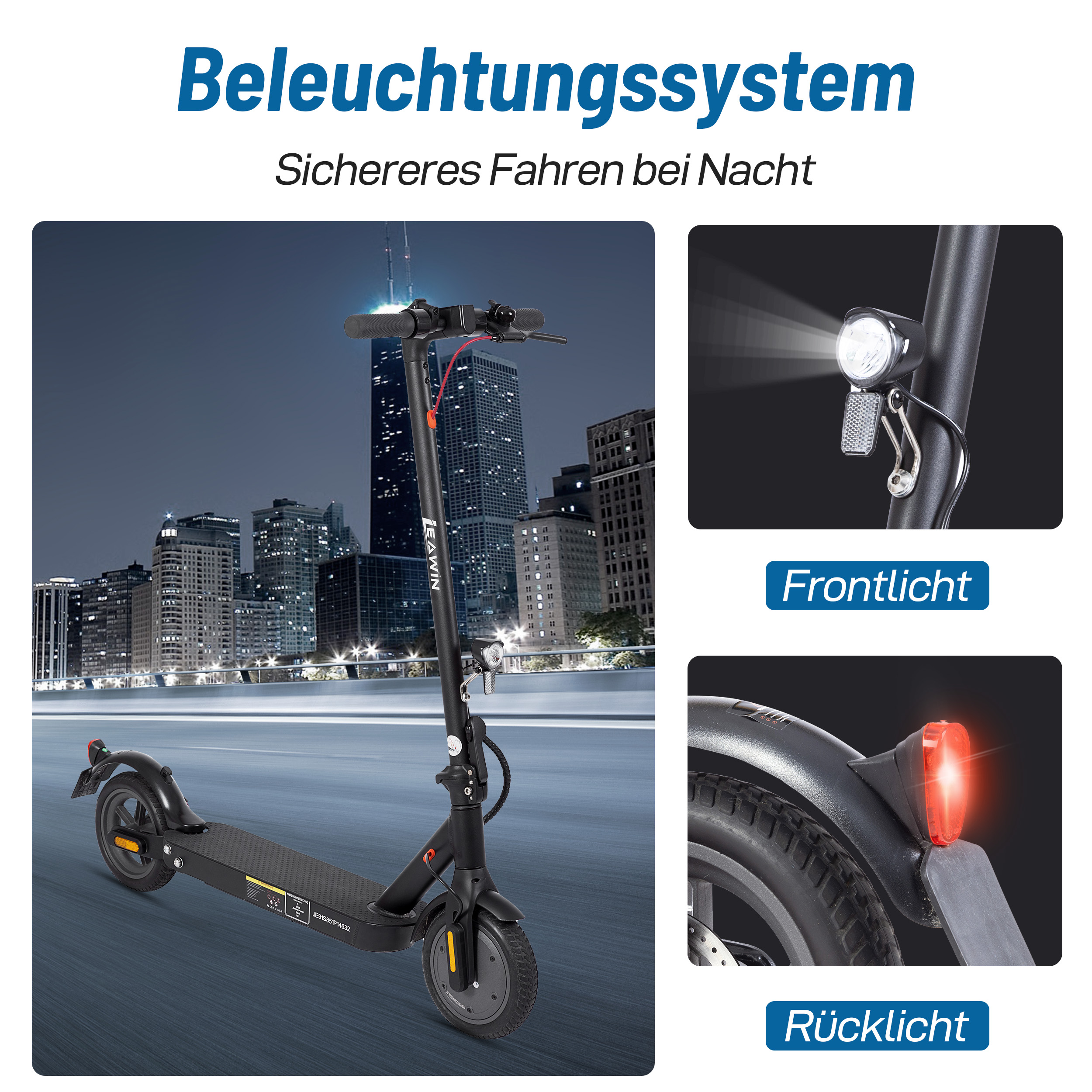 Ein schwarzer E-Scooter fährt nachts vor einer Stadtkulisse mit Lichtern.