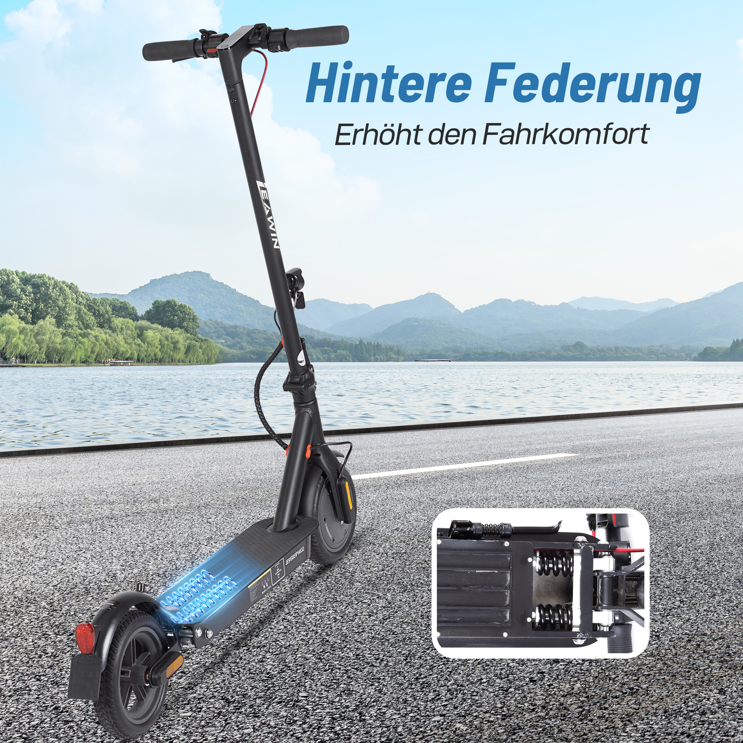 Elektroroller mit Hinterradfederung vor einer Berglandschaft am See.