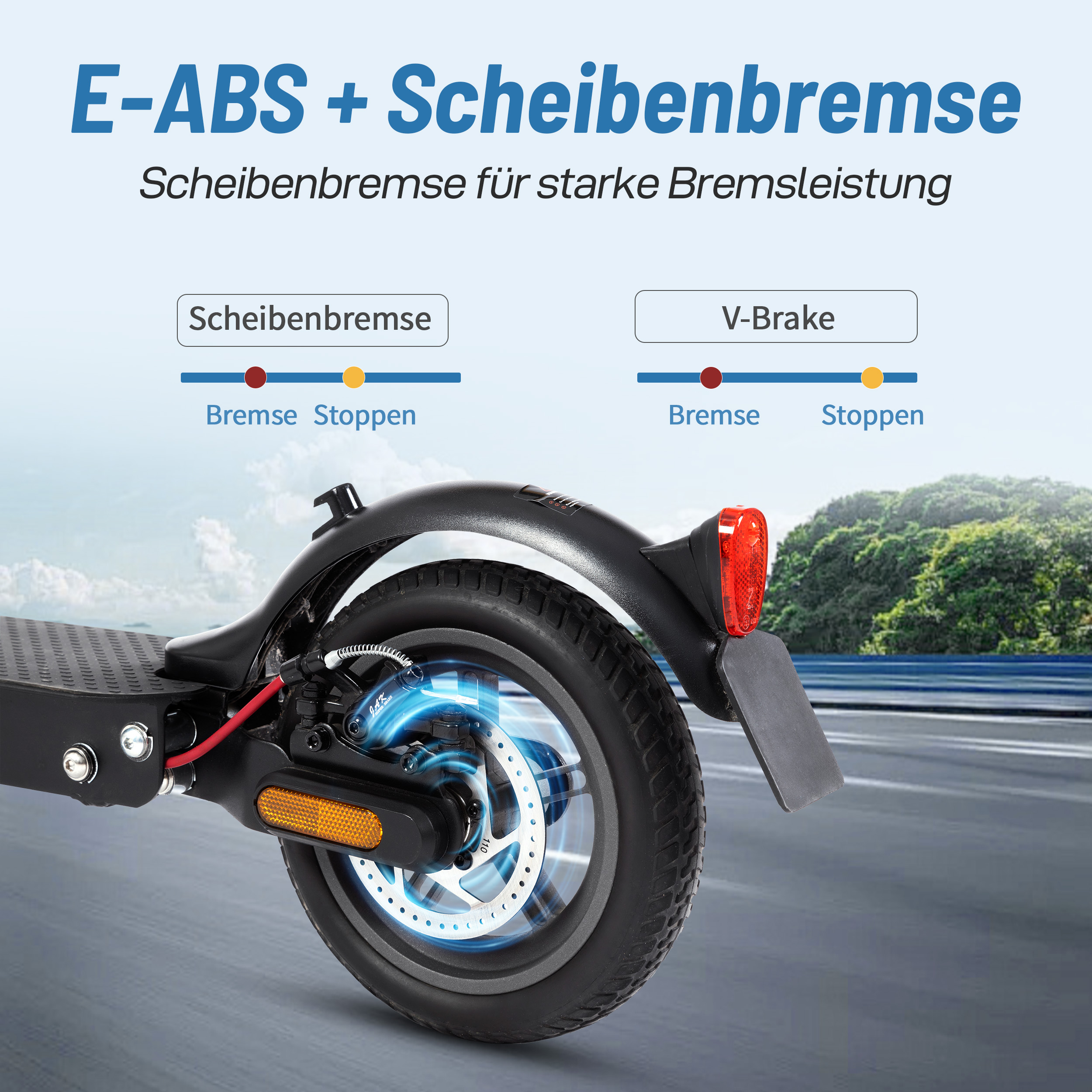 Nahaufnahme des Hinterrads eines Elektrorollers mit Scheibenbremse und E-ABS.