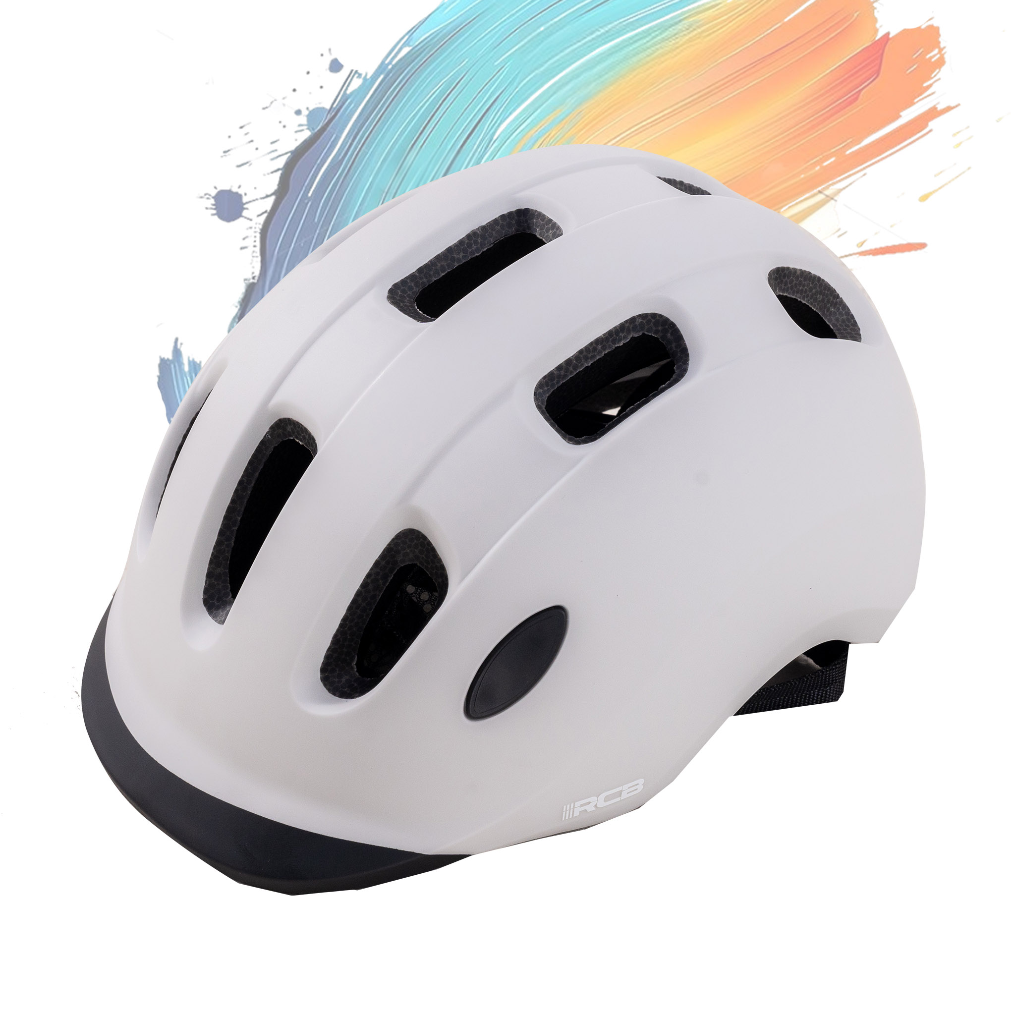 Un casque de vélo blanc avec des fentes de ventilation et une visière noire.