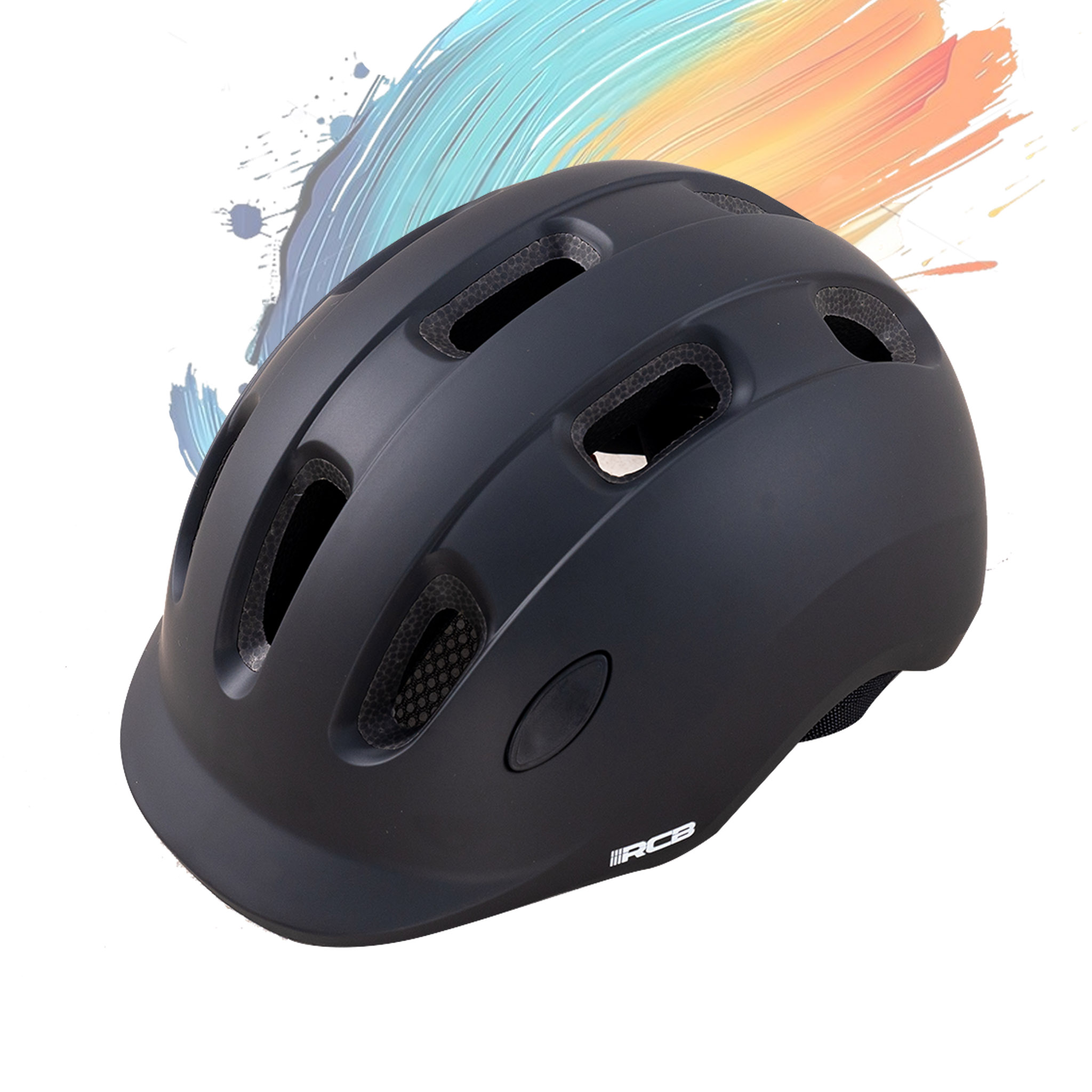 Casque de vélo noir avec aérations et visière à l'avant.