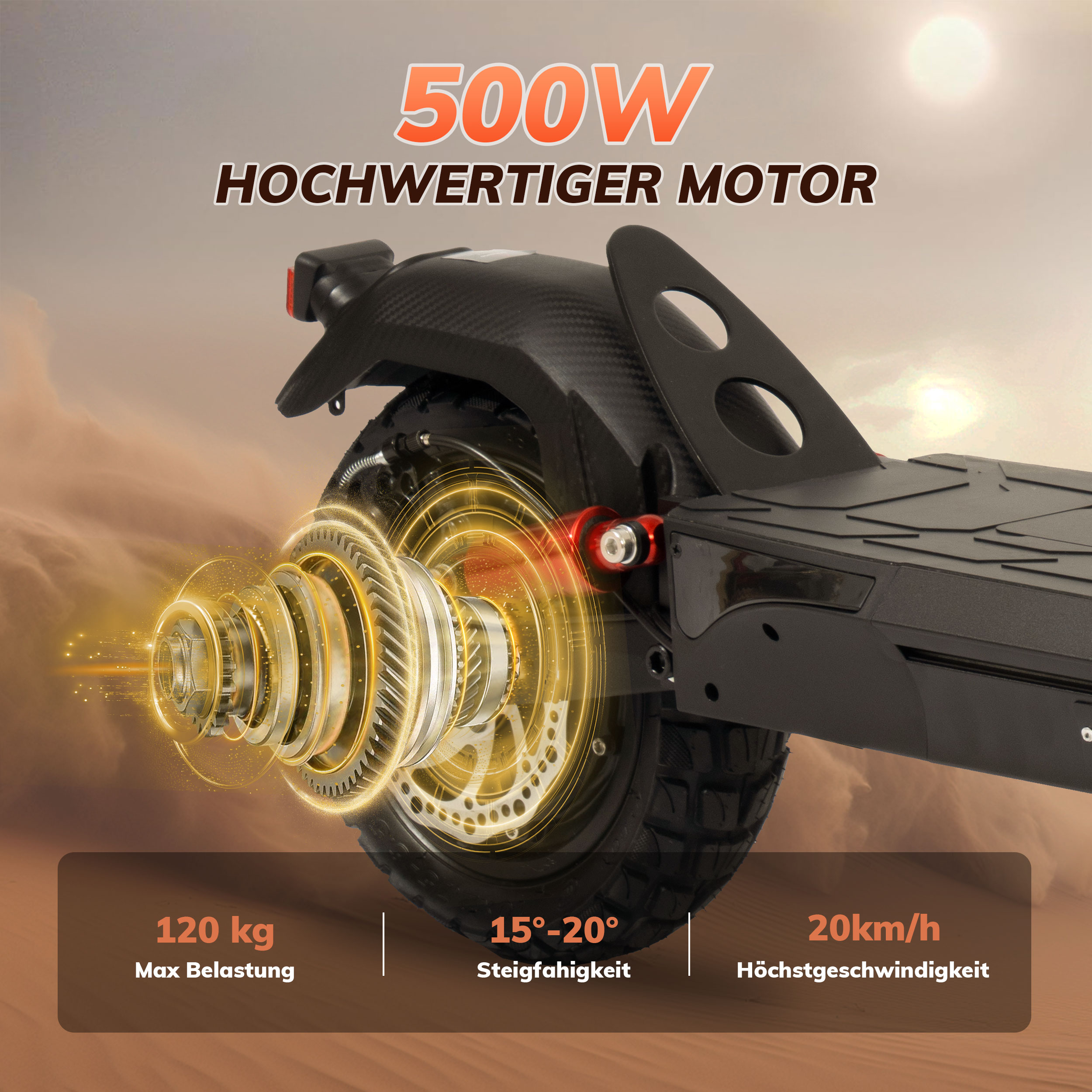 Ein Elektroroller mit 500W Motor in der Wüste, 120kg Last, 15-20° Steigung, 20km/h.