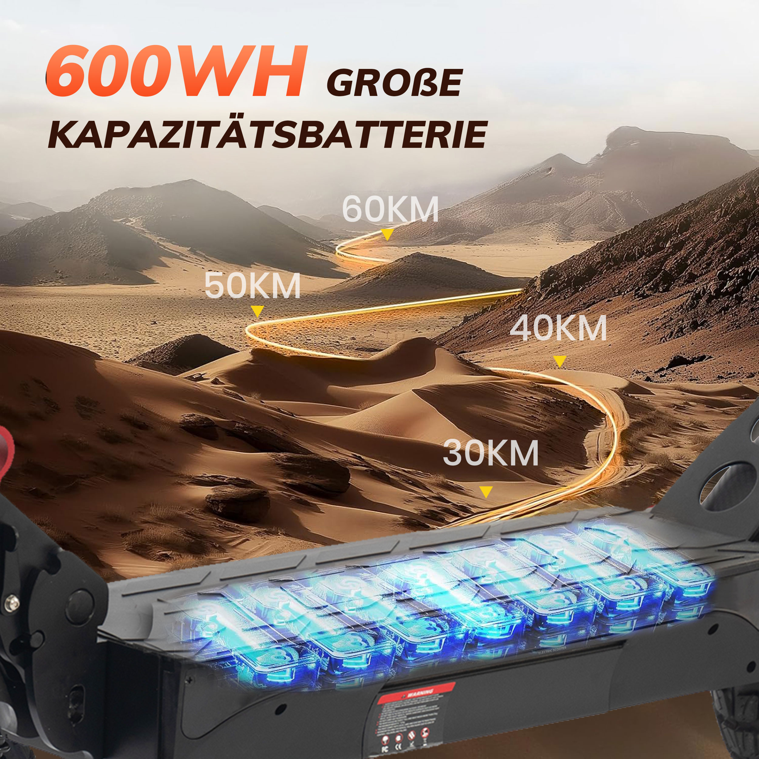 600WH Kapazität Batterie im Wüstenlandschaft-Hintergrund mit Kilometerangaben.