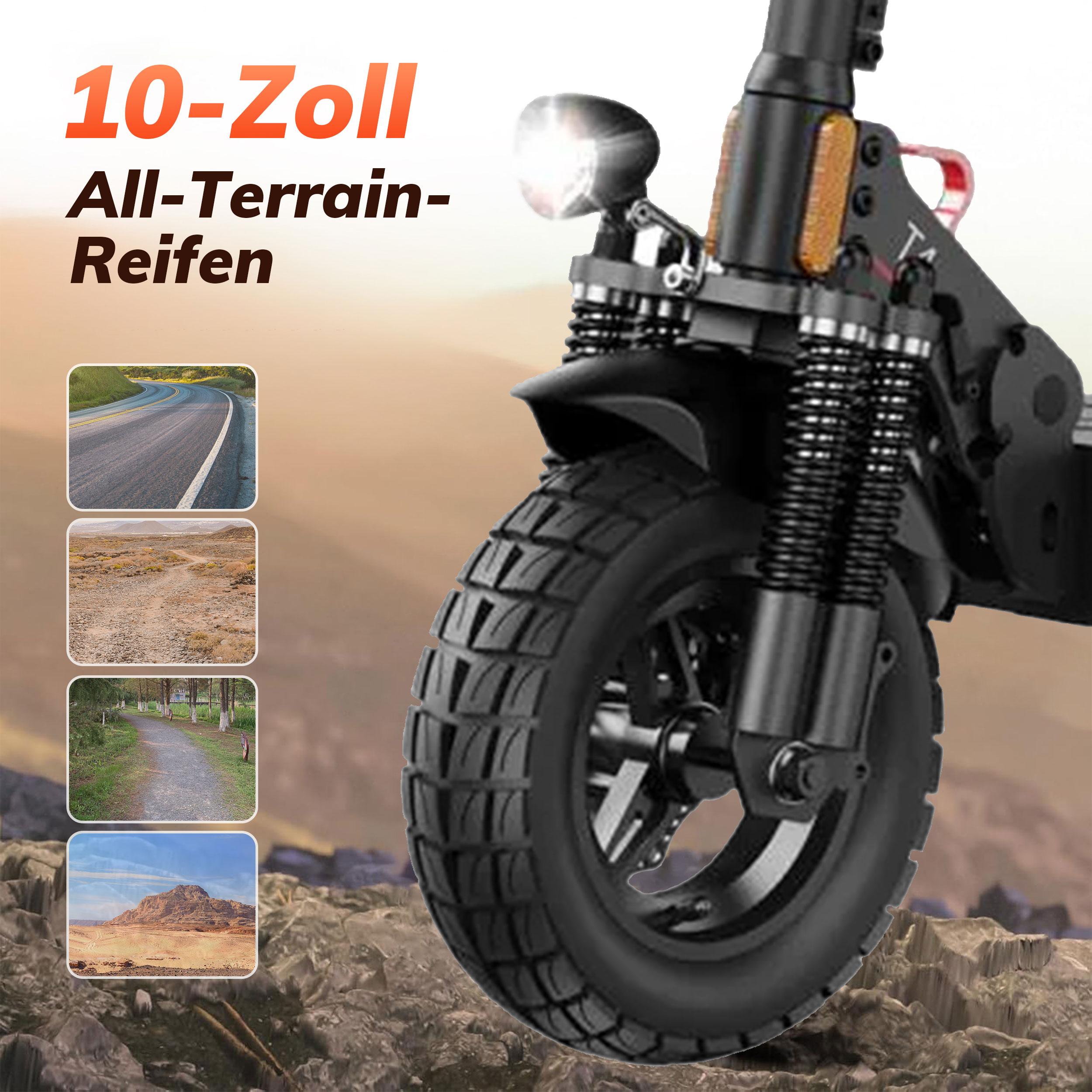 Ein schwarzer Roller mit 10-Zoll-Reifen auf felsigem Gelände.