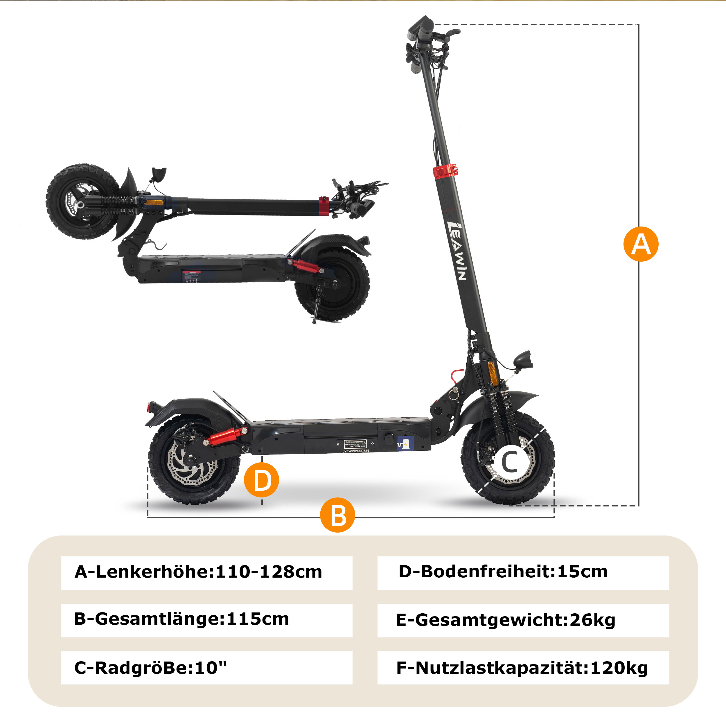 Ein elektrischer Roller mit Spezifikationen: Lenkerhöhe 110-128cm, Gesamtlänge 115cm, Radgröße 10 Zoll.