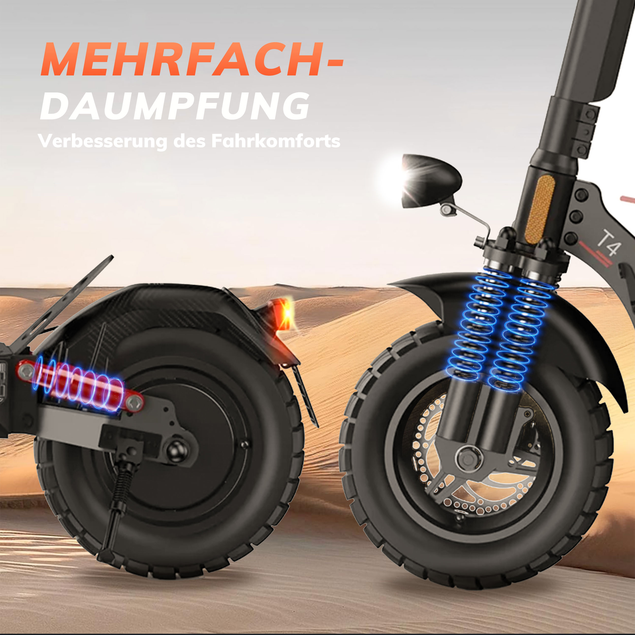 Zwei E-Scooter-Räder mit Stoßdämpfern in Sanddünen. Text: Mehrfach-Dämpfung.