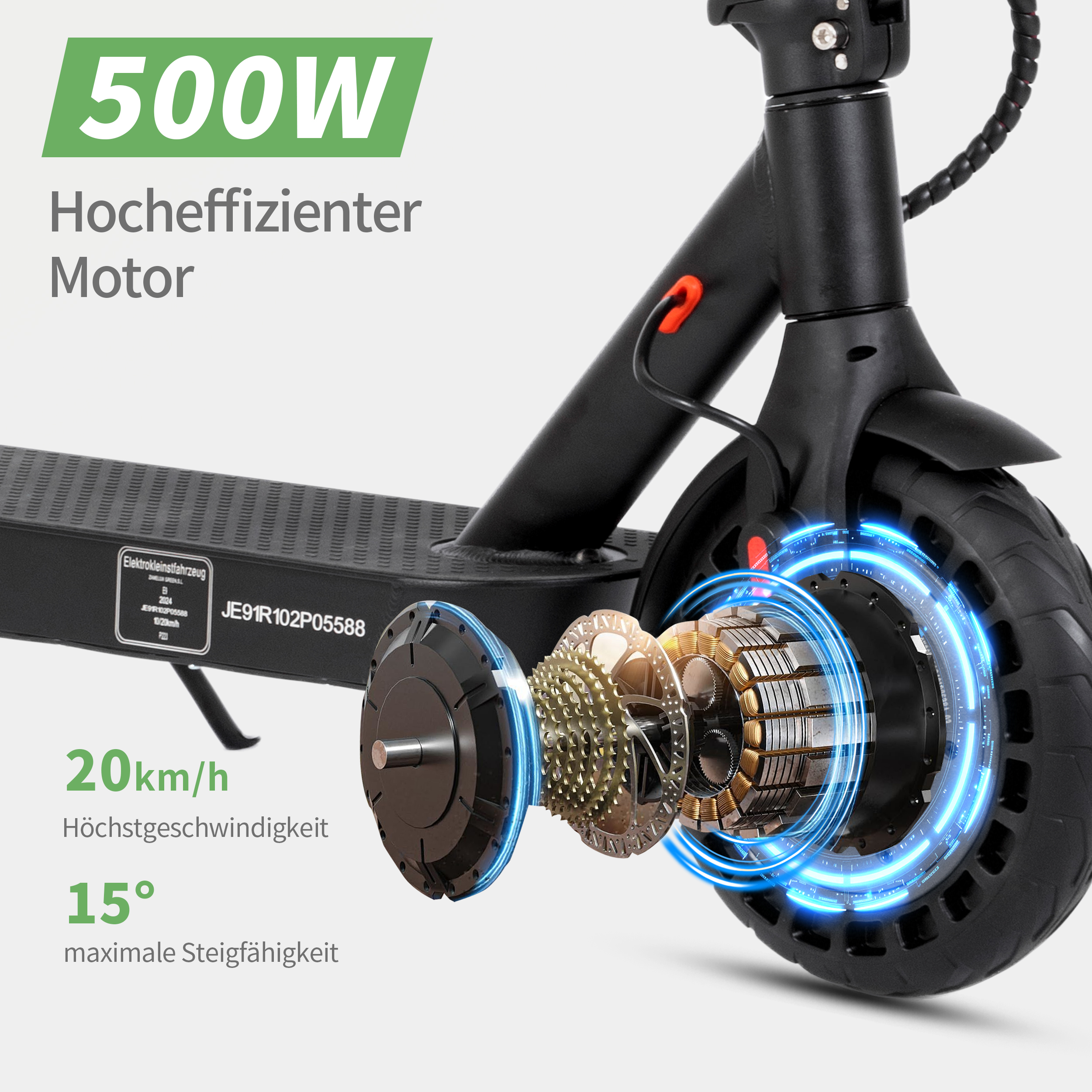 E-Scooter mit 500W Motor, 20km/h Höchstgeschwindigkeit, 15° Steigfähigkeit.