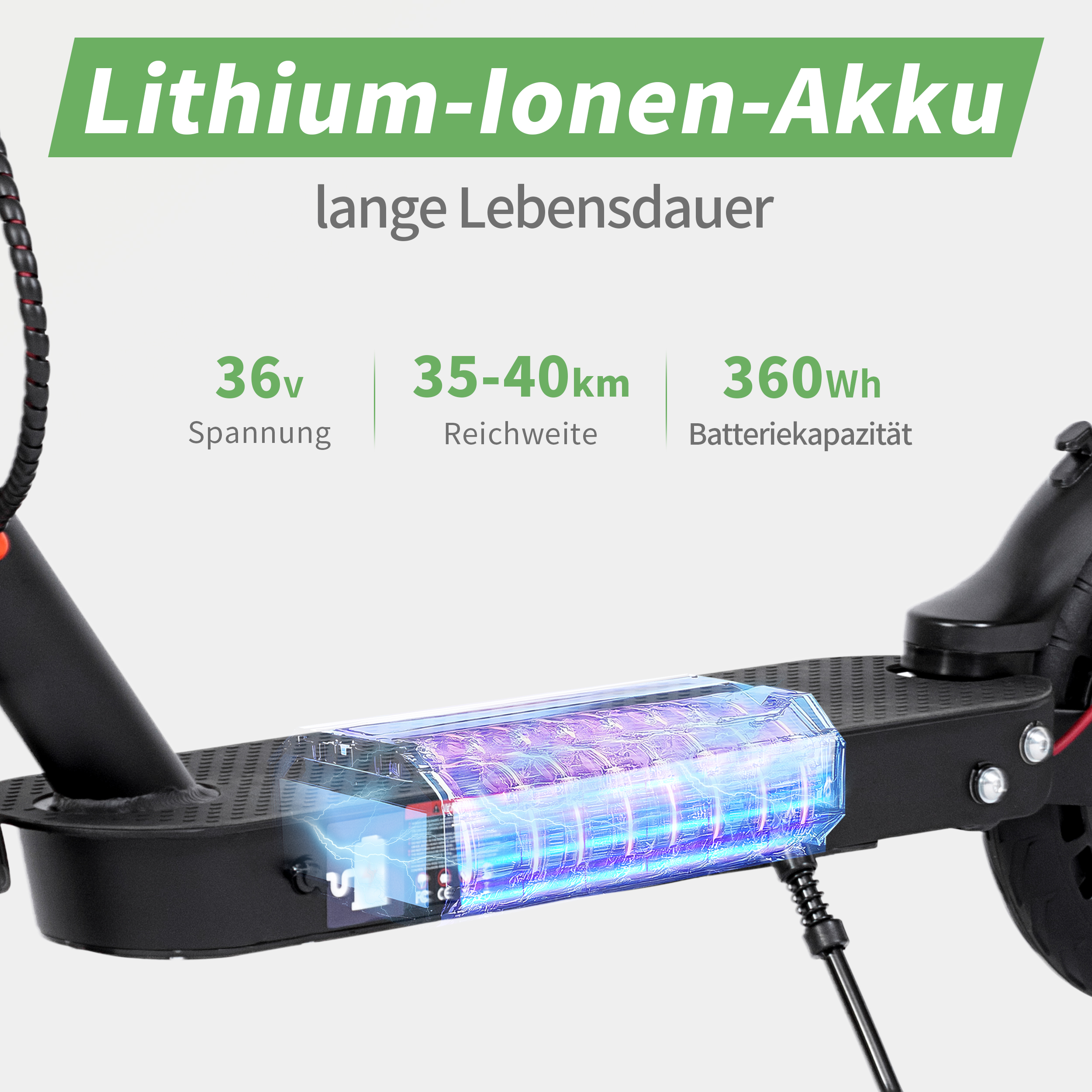 Elektroroller-Akku mit 36V, 35-40km Reichweite und 360Wh Kapazität.